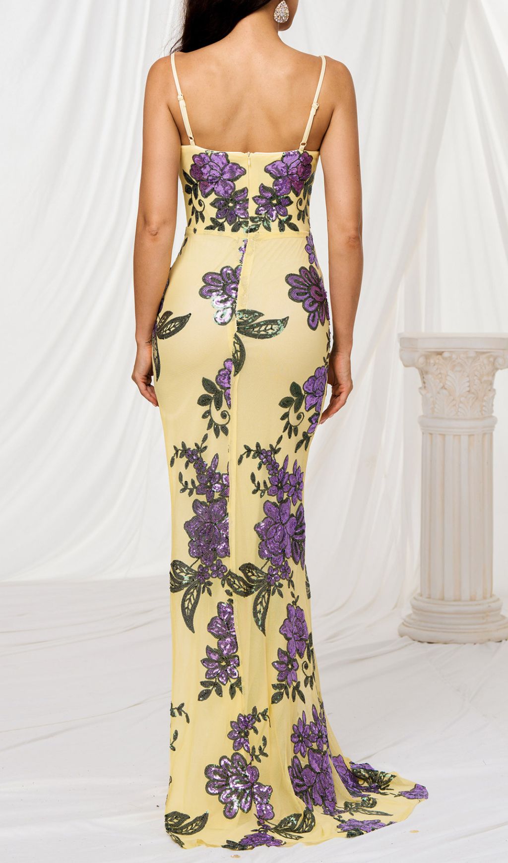 Fashionslee Women Finnea Yellow Flower Sequin Slit Maxi Dress