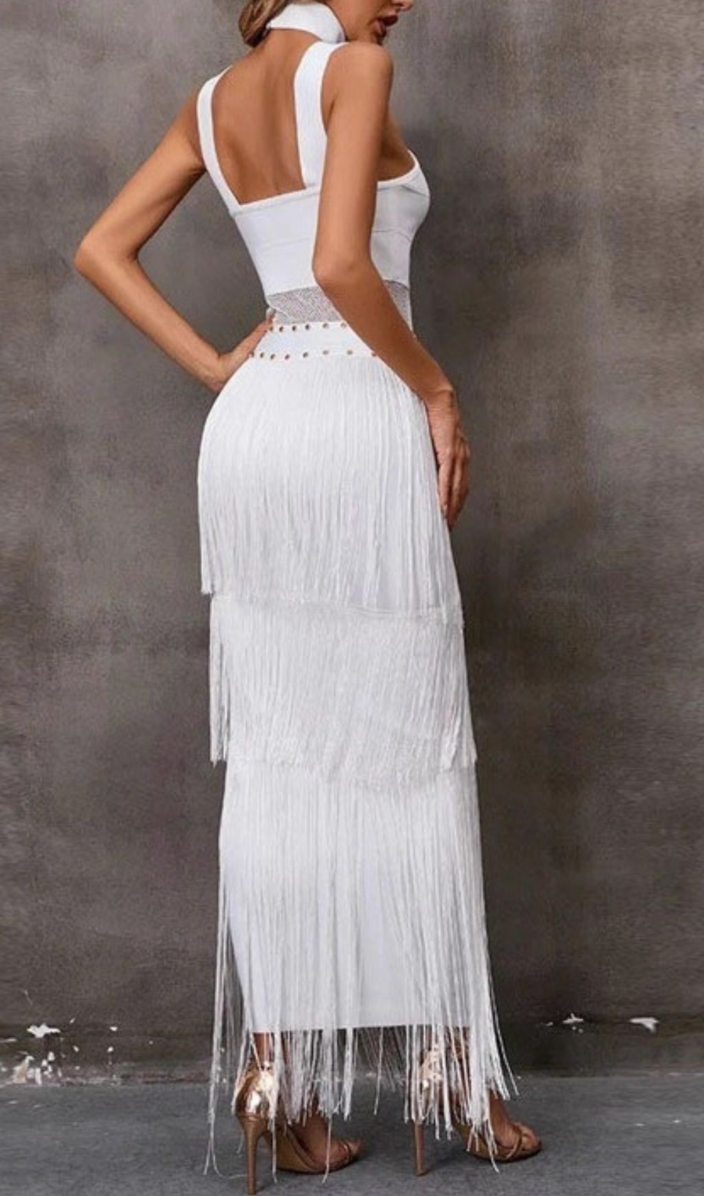 Fashionslee Women Fermin White Halterneck Bandage Fringe Midi Dress