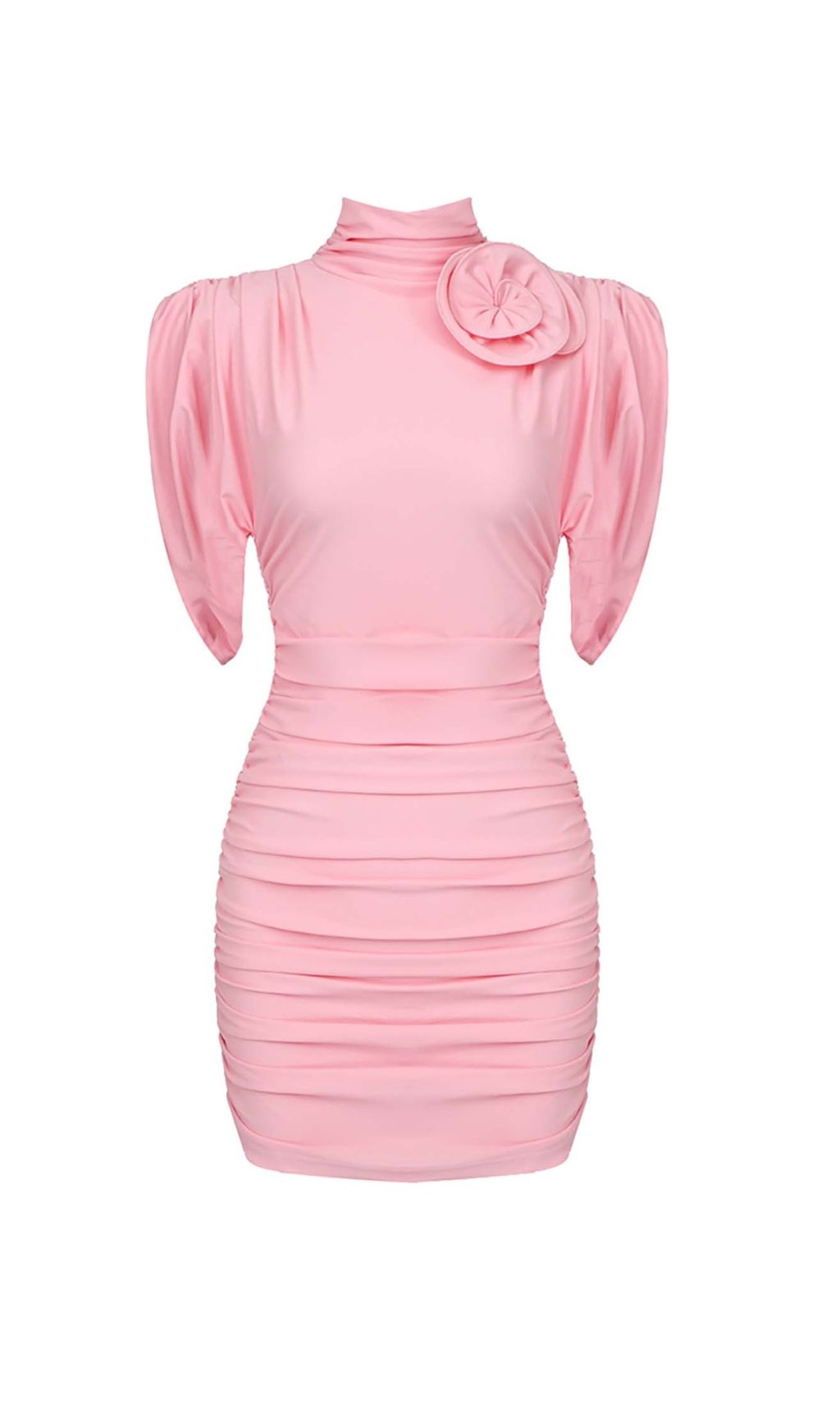 9e8b84dcee636019d53f64c82fc31aec.jpeg Fashionslee Women Flower-Embellished Ruched Mini Dress In Pink