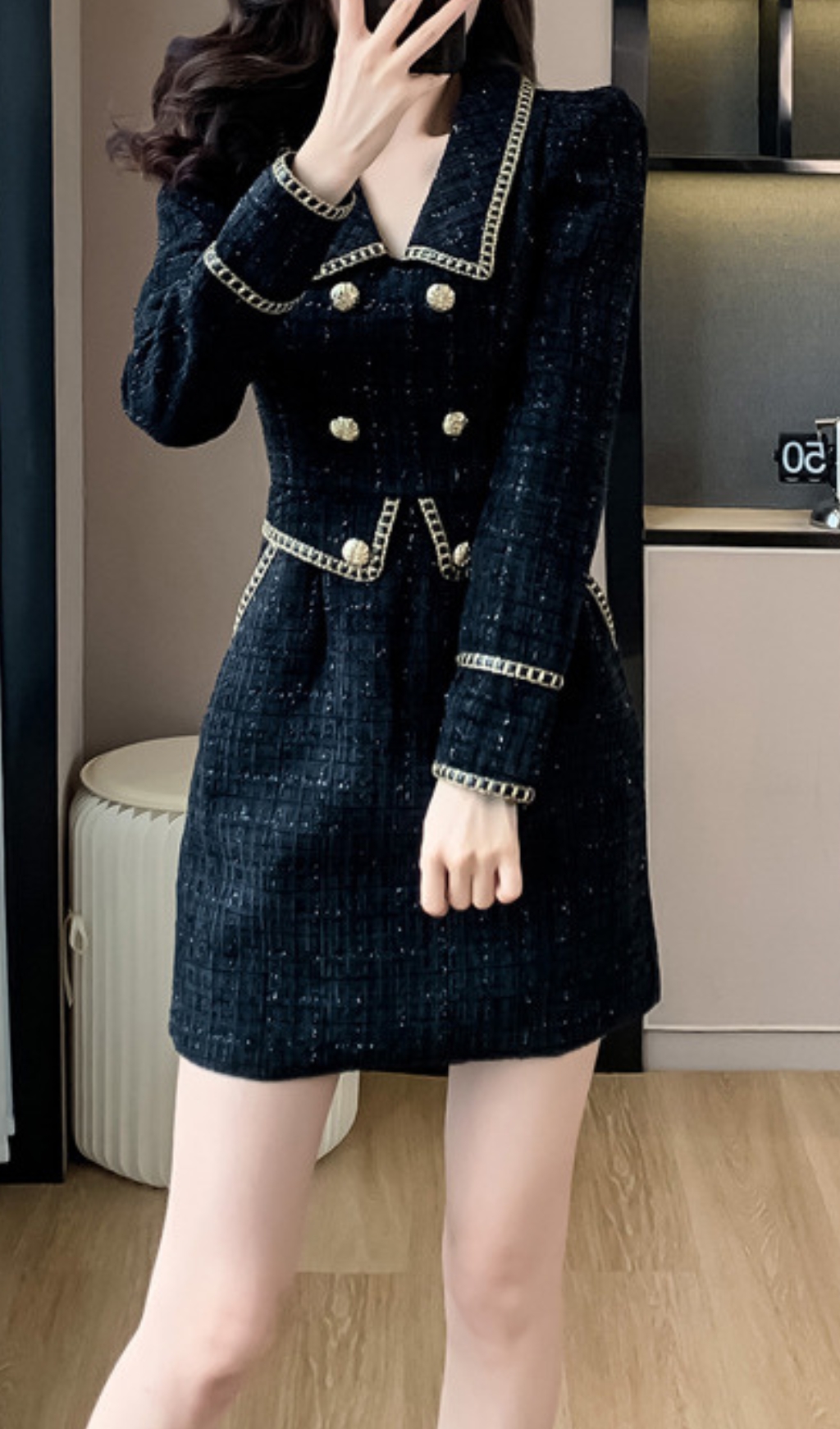 Fashionslee Women Campana Black Long Sleeve Button Mini Dress