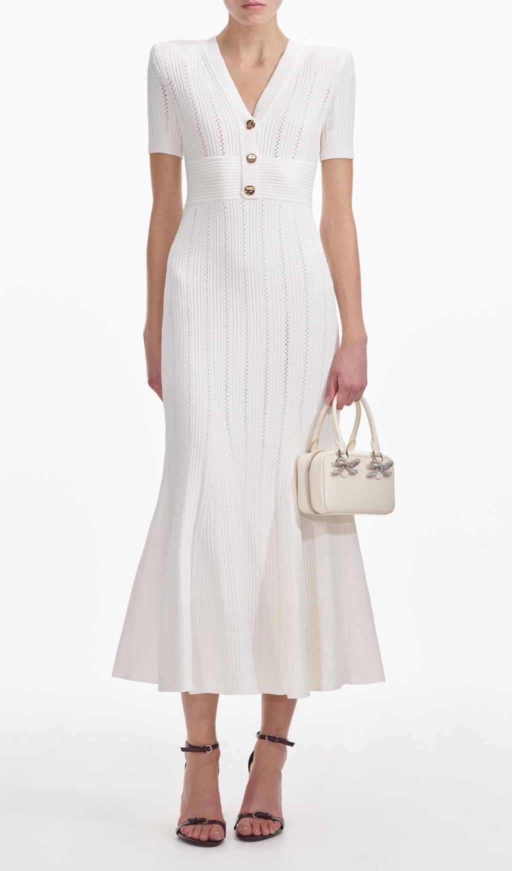 Fashionslee Women Cream Pointelle Knit Midi Dress