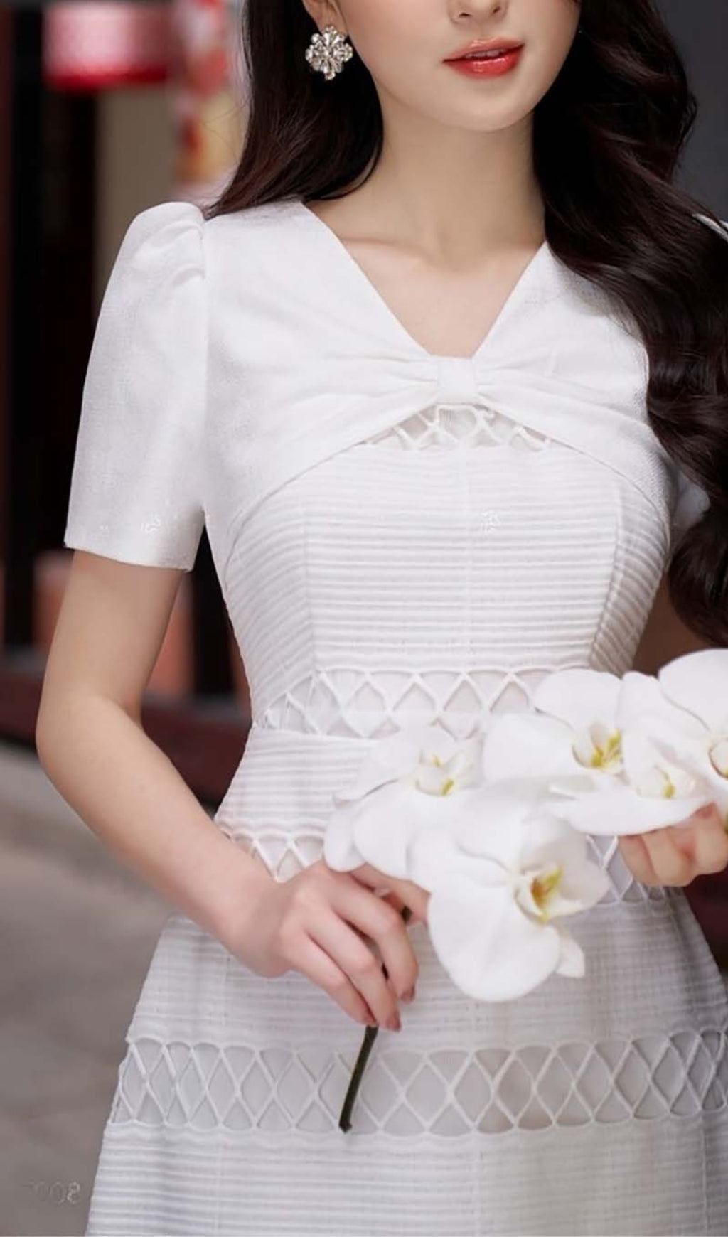 Fashionslee Women Lace Embroidery Midi Dress In White