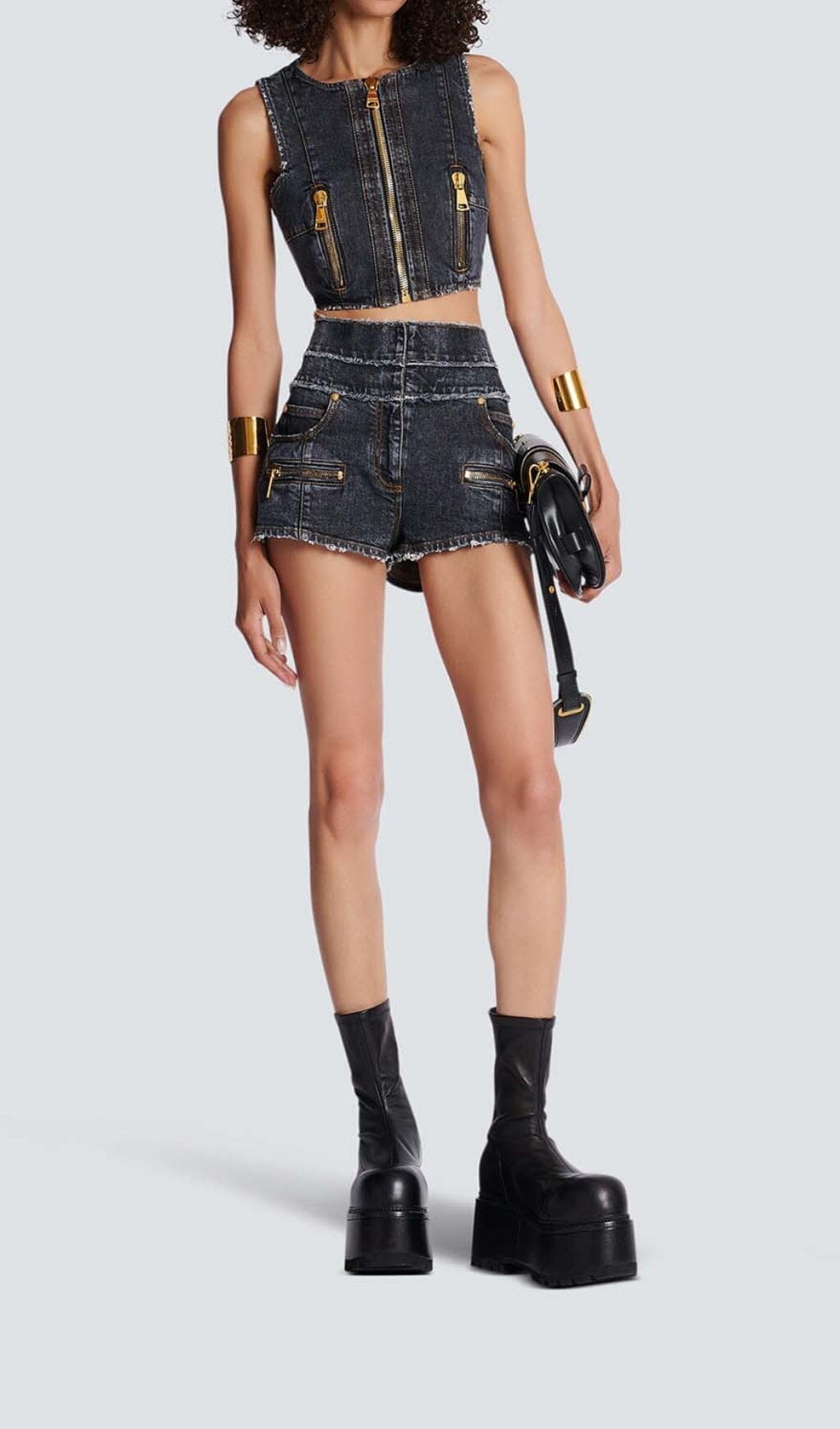 Fashionslee Women High-Waisted Faded Denim Two Pieces Set
