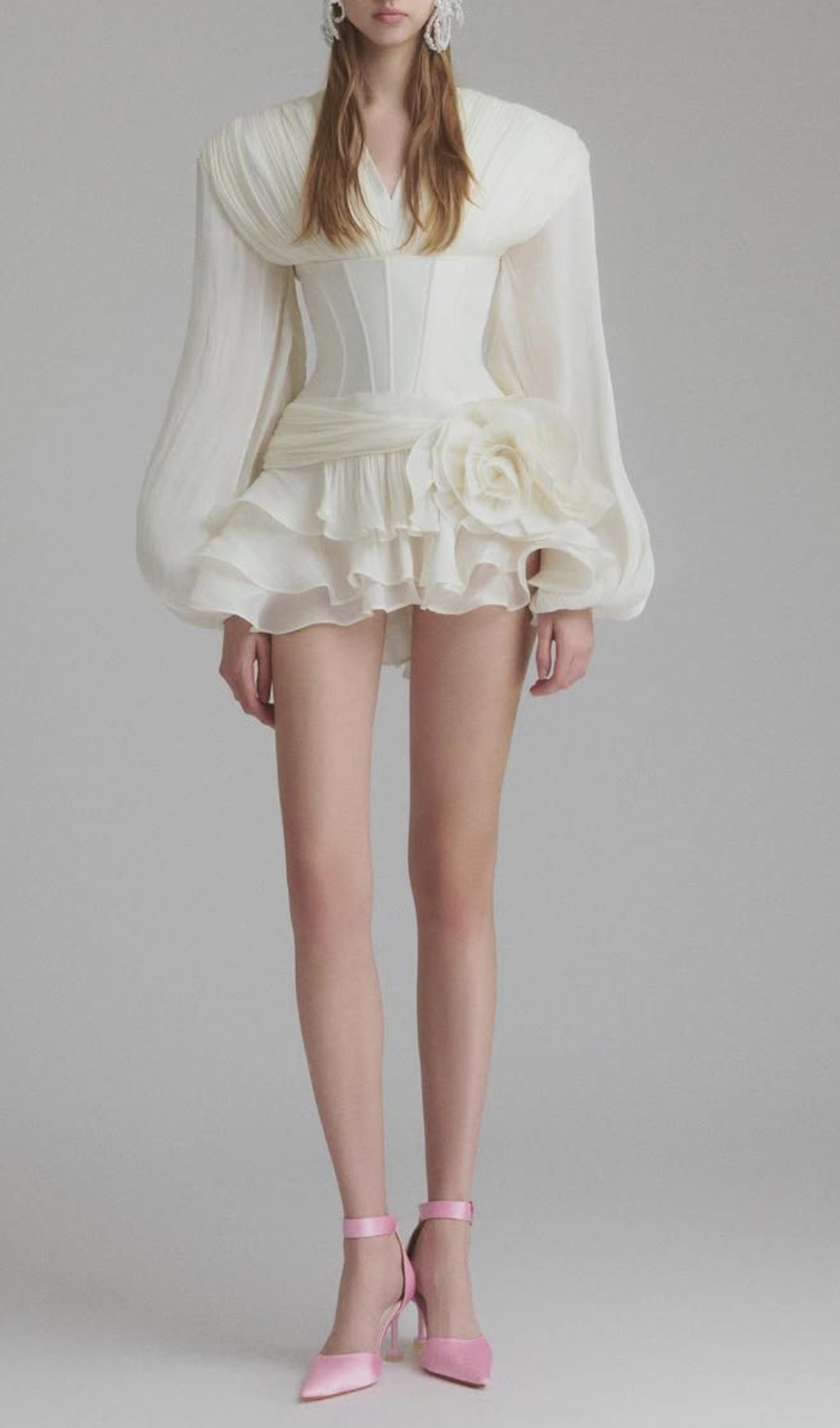 Fashionslee Women Darion White Corset Flower Long Sleeve Mini Dress