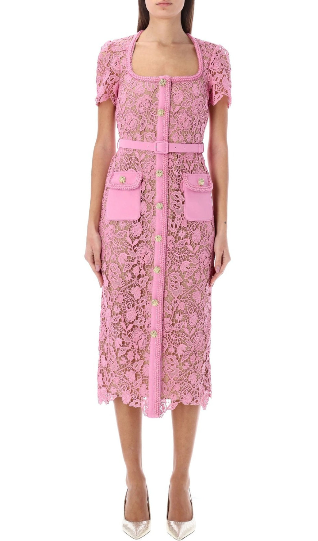 Fashionslee Women Anna Pink Guipure Lace Midi Dress