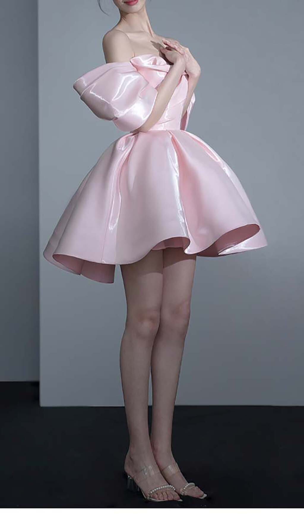 PINK SATIN OFF-SHOULDER MINI DRESS – VIRAL - OWNCI PINK SATIN OFF-SHOULDER MINI DRESS – VIRAL - OWNCI