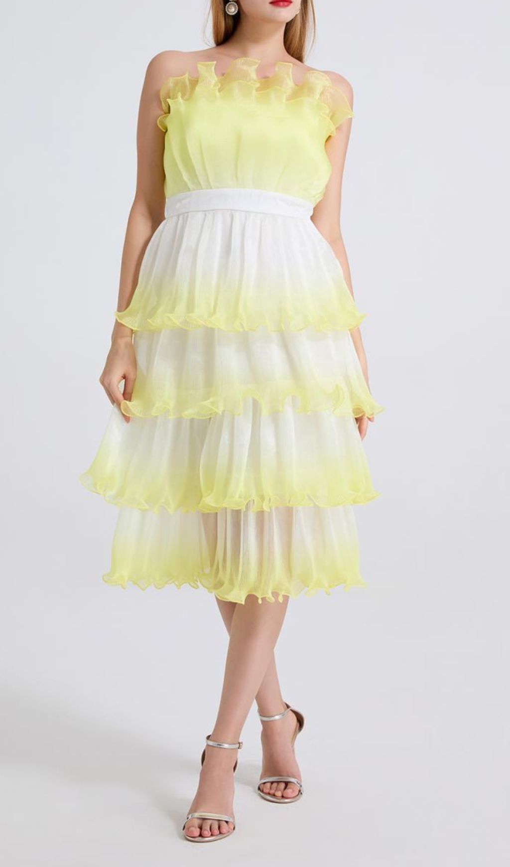 9f225b44308d35a19ce83437247d6a64.jpg Fashionslee Women Fiene Yellow Strappy Cake Midi Dress