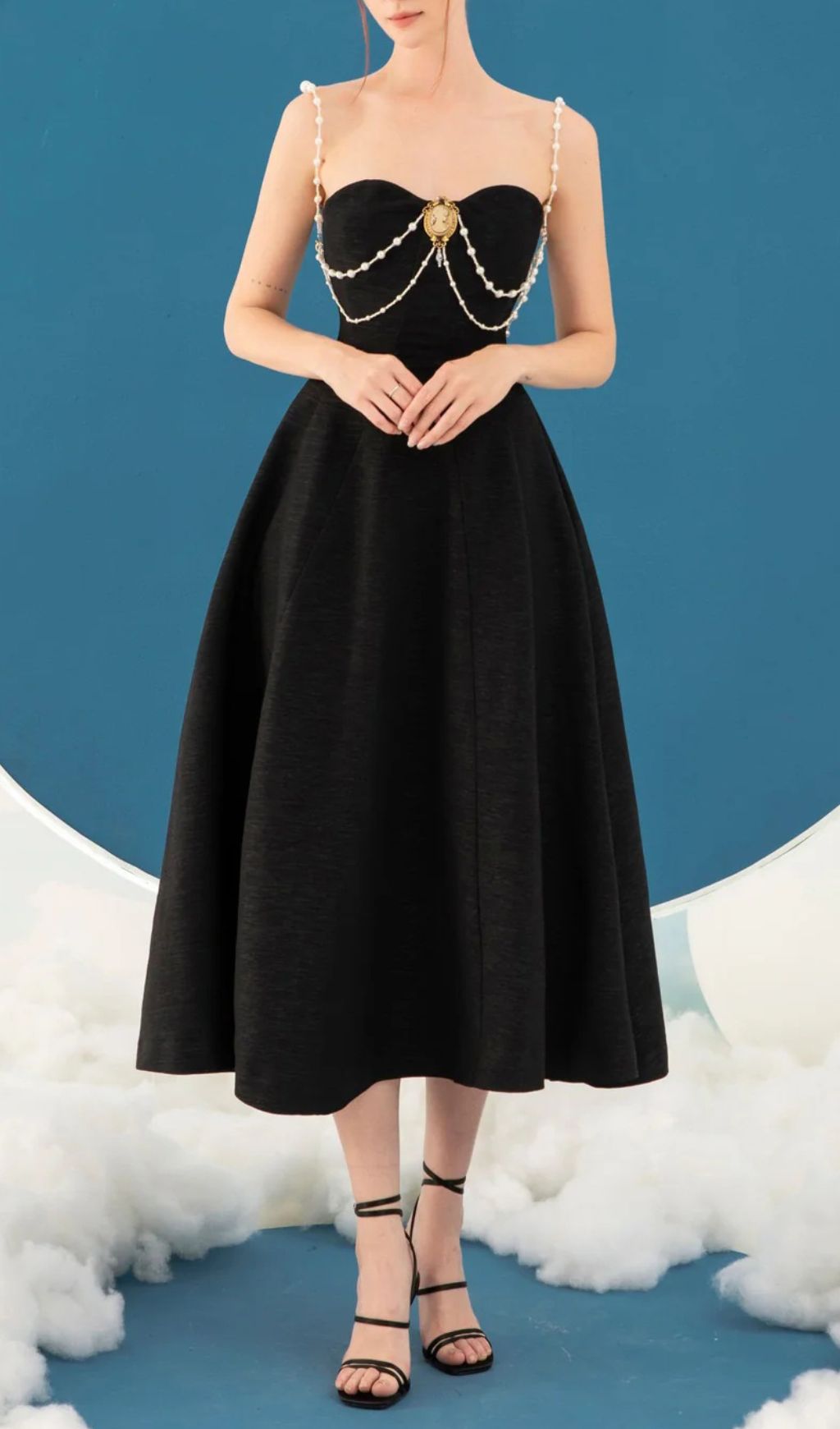 Fashionslee Women Ilyssa Black Beaded Strappy Midi Dress