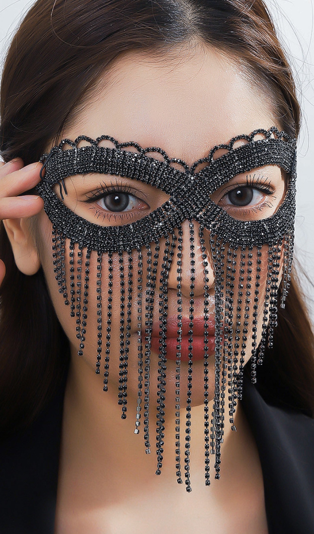 Fashionslee Women Dascha Black Rhinestone Tassel Mask