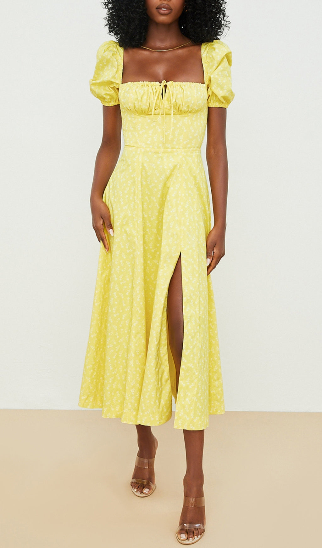 Fashionslee Women Vintage Floral Puff Sleeve Midi Dress In Yellow