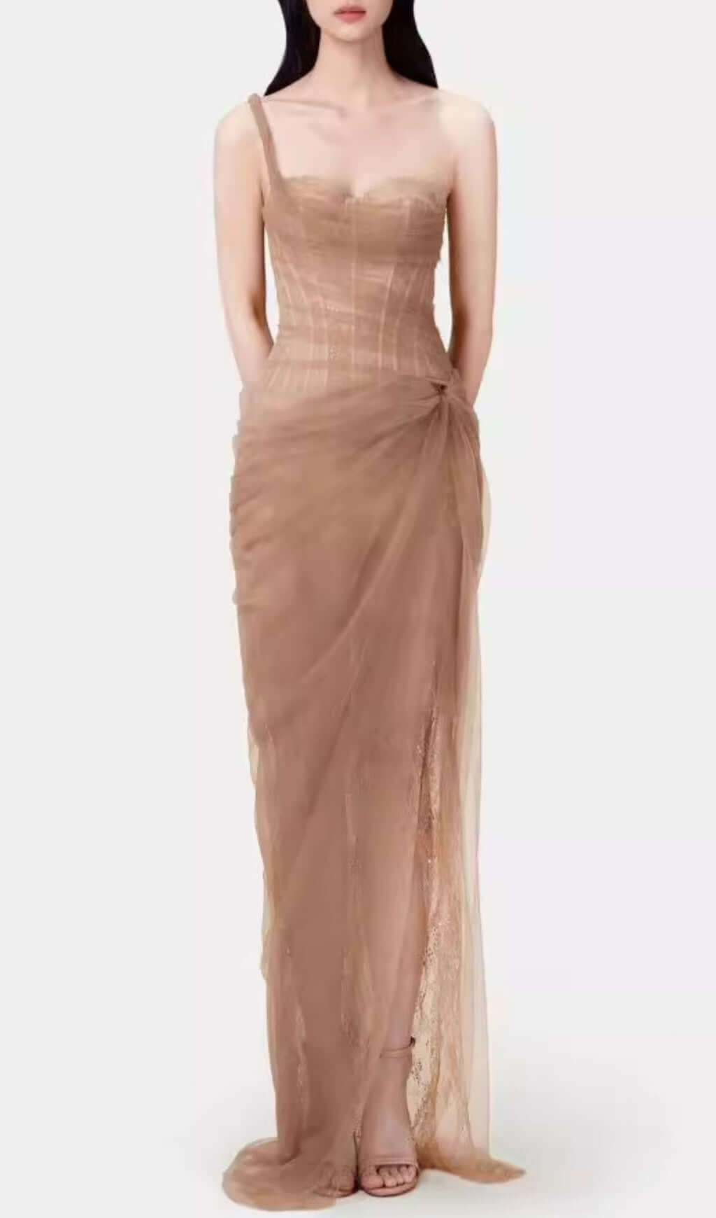 Fashionslee Women Anandi Brown Mesh Corset Maxi Dress