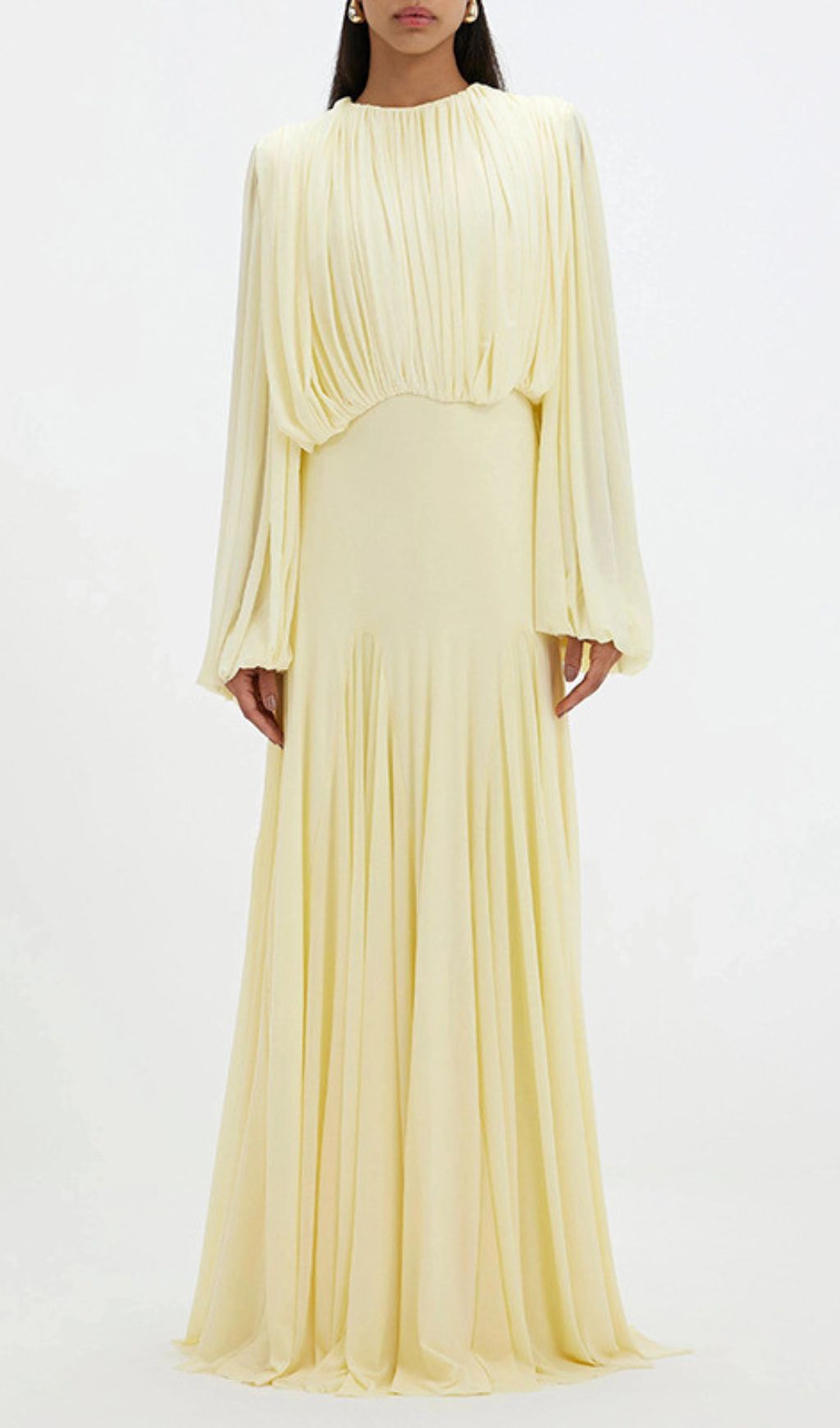 Fashionslee Women Jimena Yellow Pleated Long Sleeve Maxi Dress