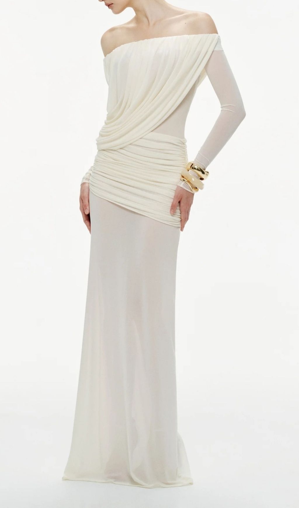 Fashionslee Women Kalinda White Pleated Off-Shoulder Mesh Maxi Dress