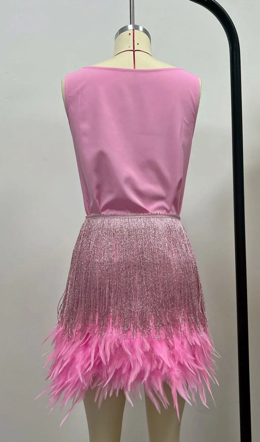 Fashionslee Women Shiny Fringe Feather Mini Dress In Pink