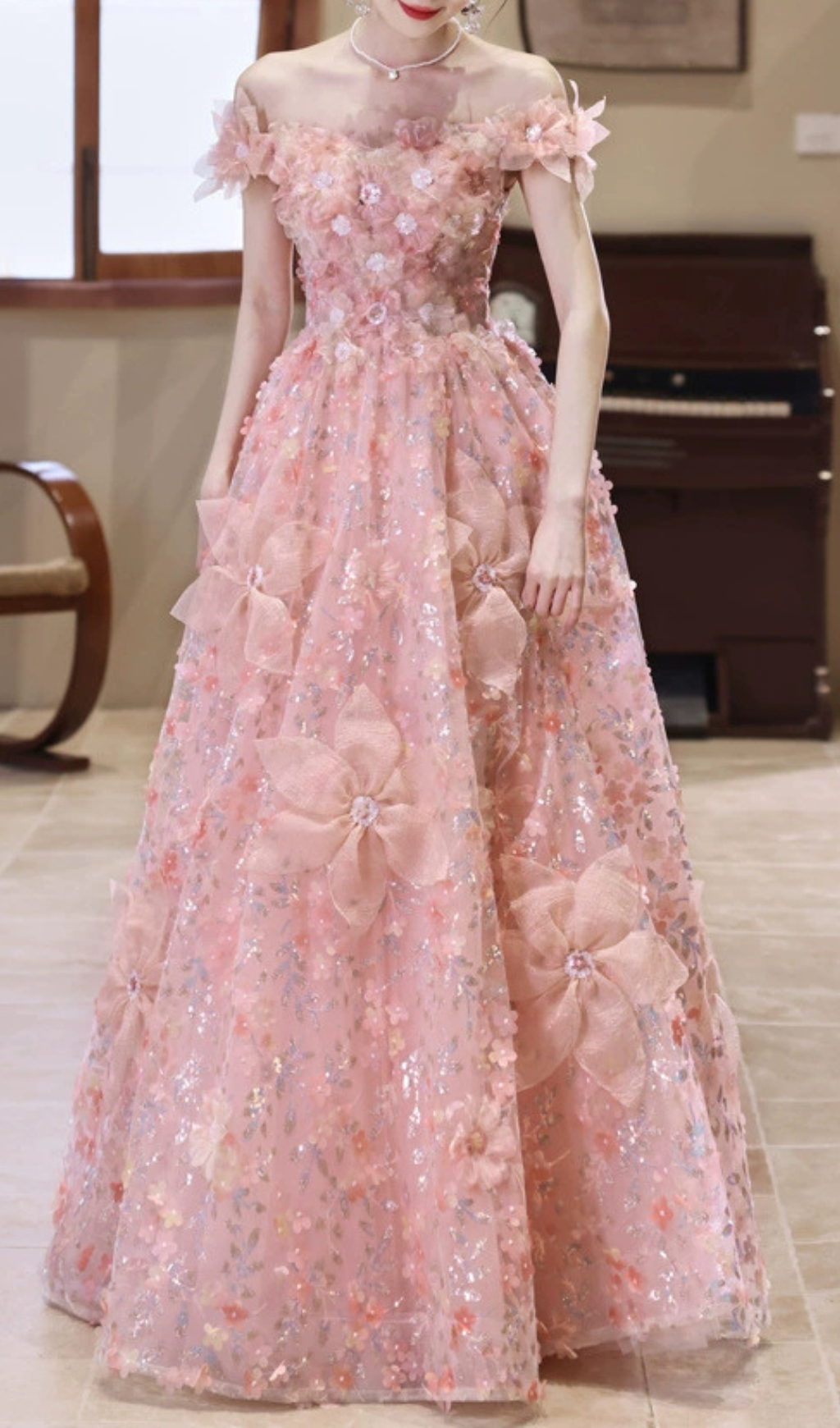 Fashionslee Women Harmony Pink Flower Sequin Maxi Dress