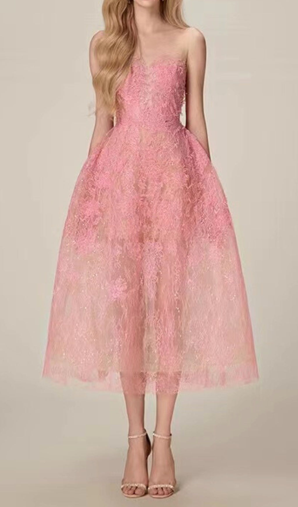 Fashionslee Women Allyson Pink Floral Lace Embroider Midi Dress