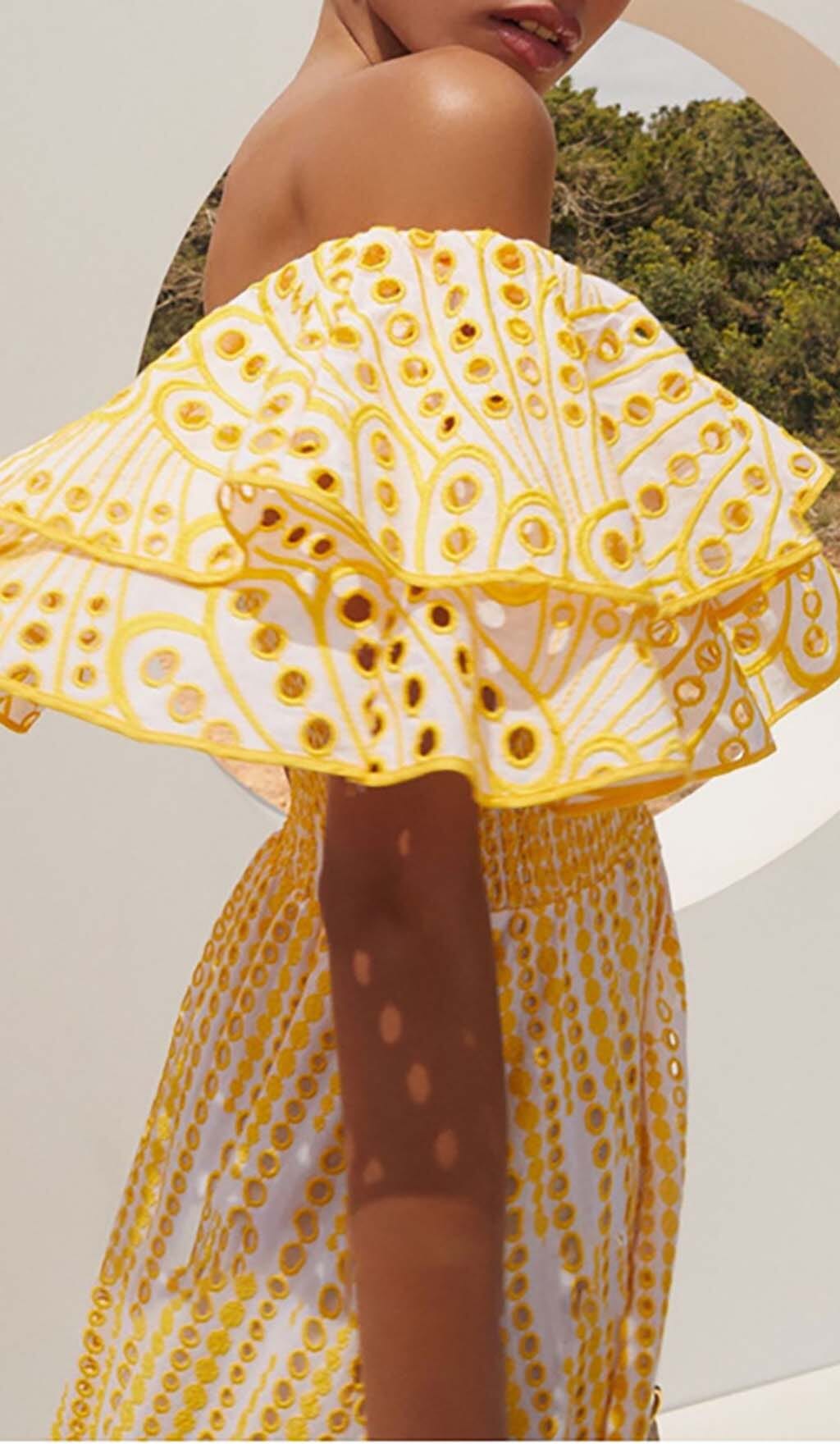a02309b56af8b3463fb69ca6d840997b.jpeg Fashionslee Women Ruffle Cold Shoulder Midi Dress In Yellow