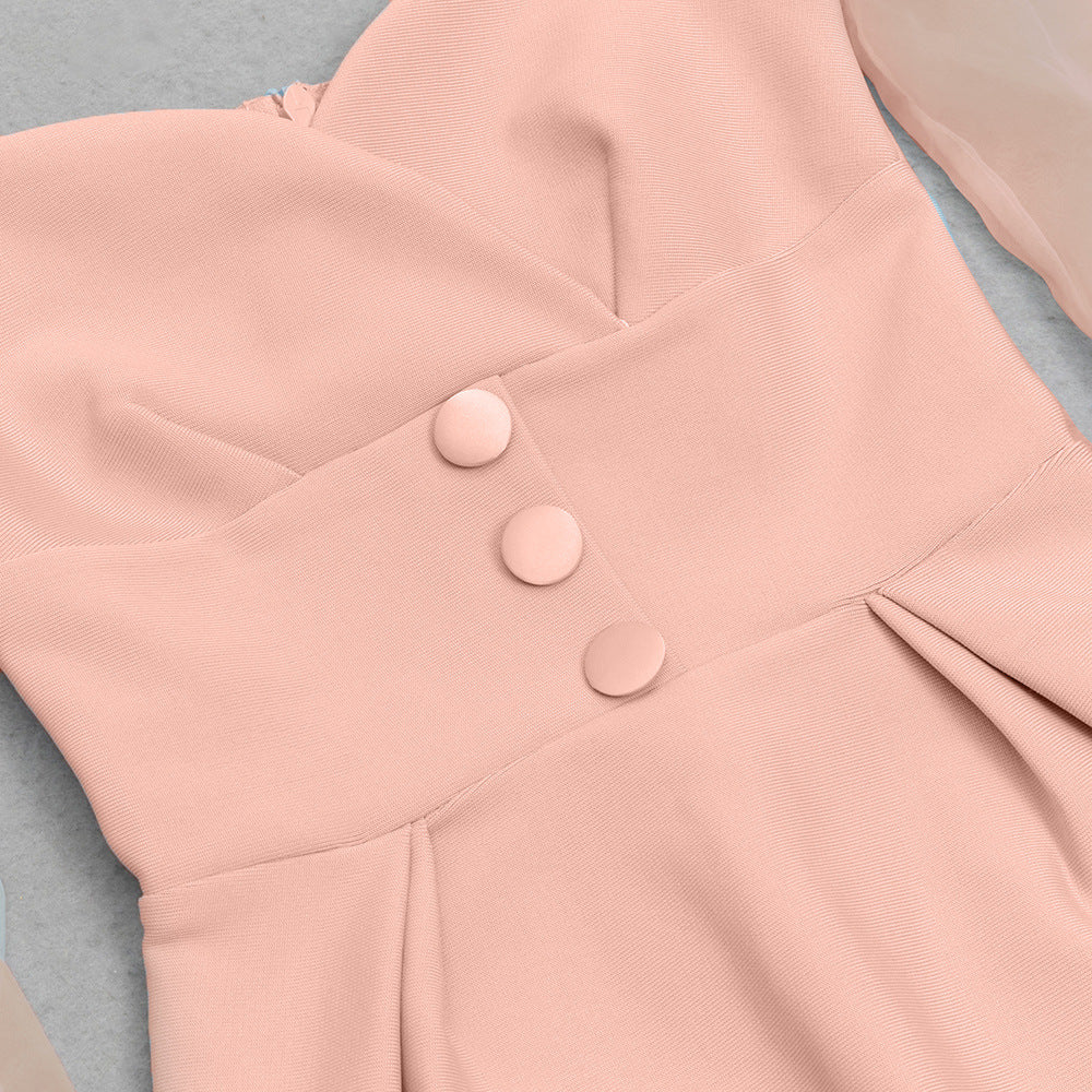 Fashionslee Women Angharad Pink Mesh Sleeve Midi Dress