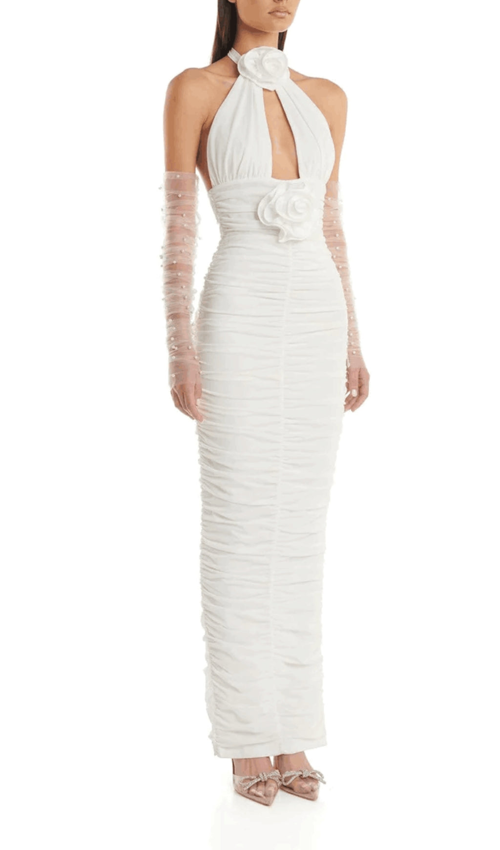 Fashionslee Women White 3D Floral Circle Neck Bandage Maxi Dress