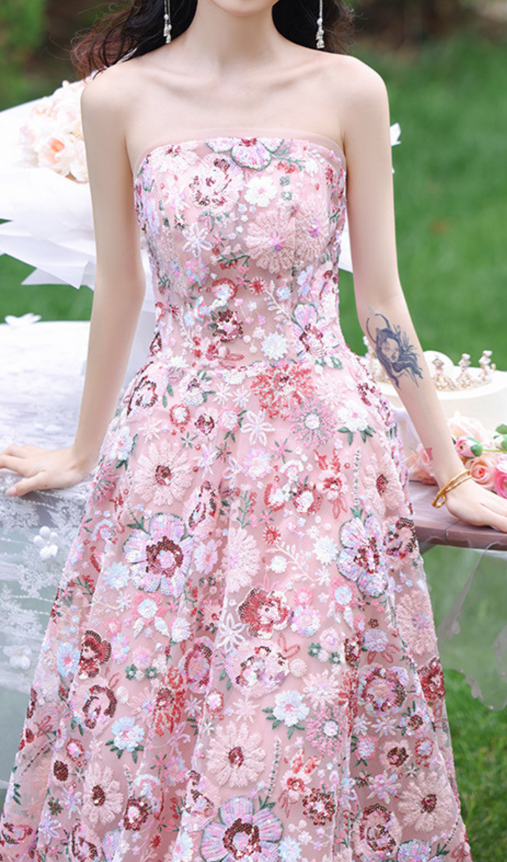 Fashionslee Women Geovany Pink Strapless Flower Sequin Maxi Dress