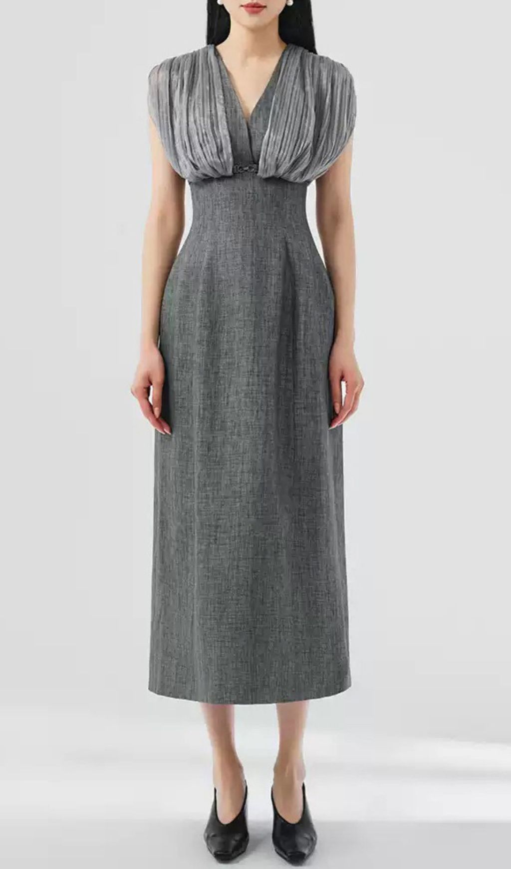 Fashionslee Women Galina Grey V-Neck Midi Dress
