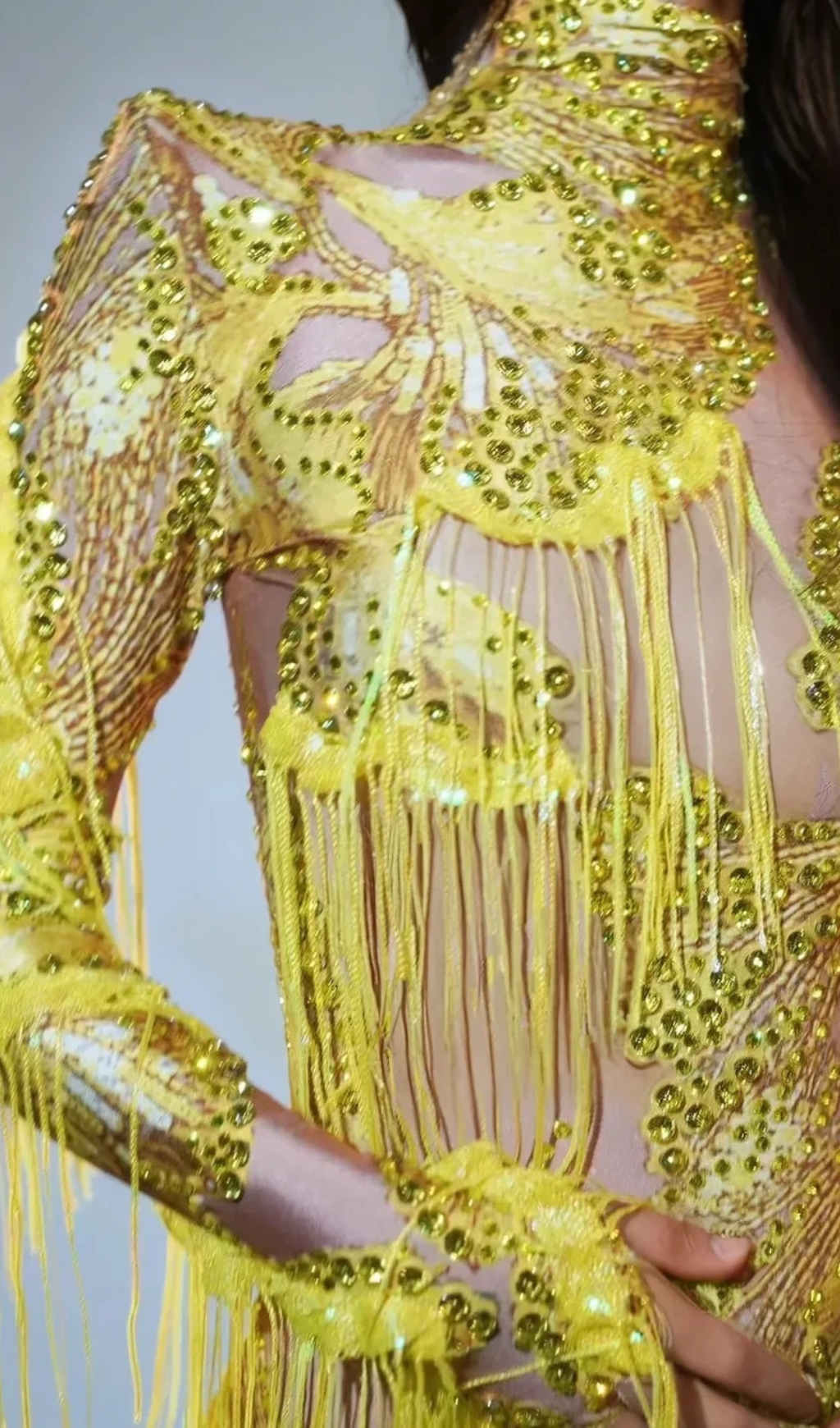 Fashionslee Women Shatora One Shoulder Rhinestone Fringe Bodysuit In Yellow