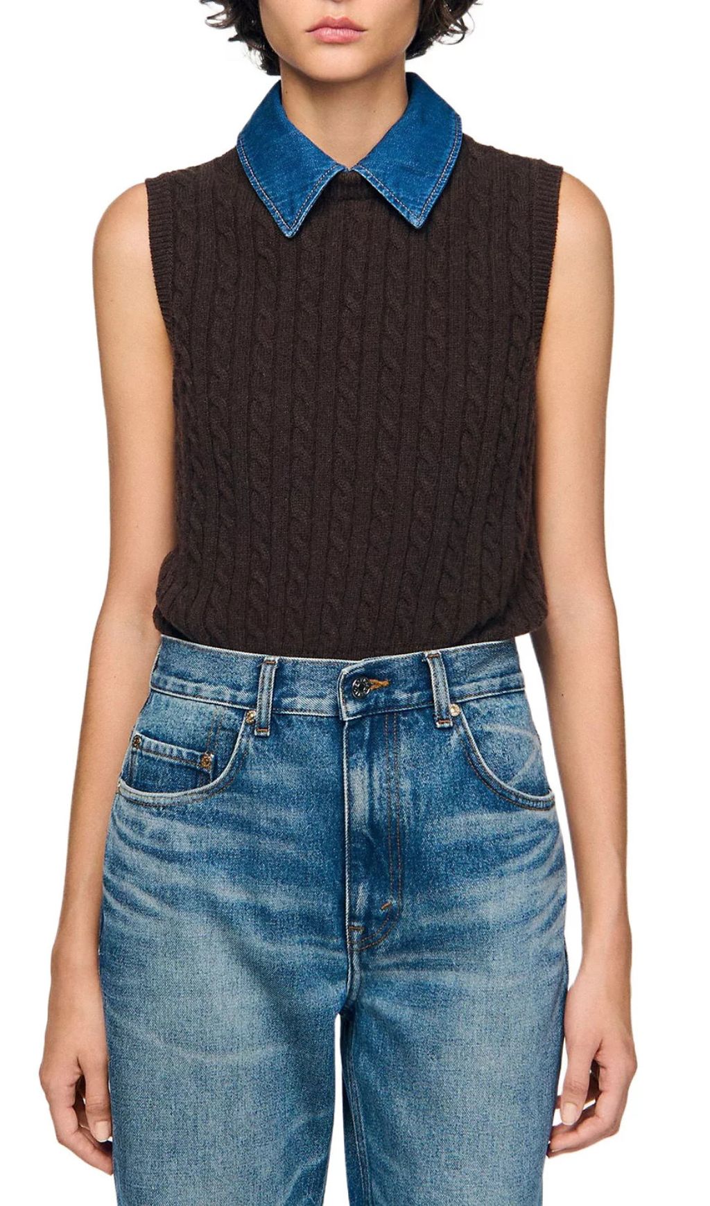 Fashionslee Women Denim Collar Cable Knit Sweater