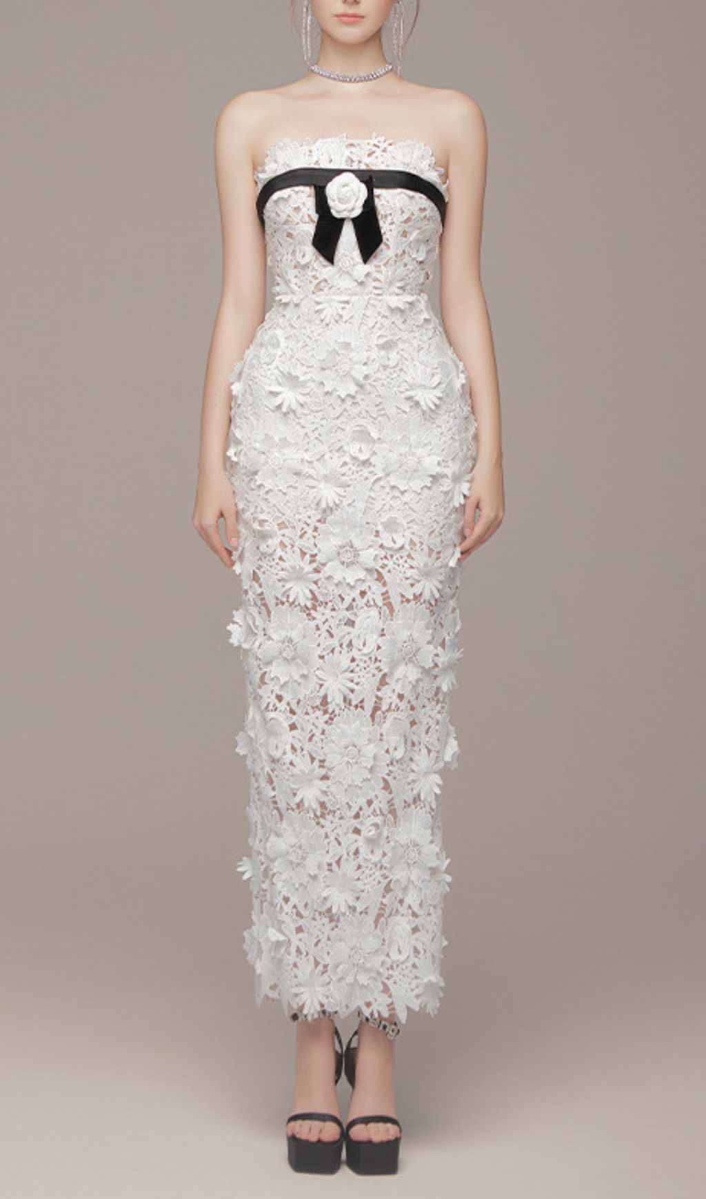 Fashionslee Women Eviana White Strapless Flower Embroidery Maxi Dress