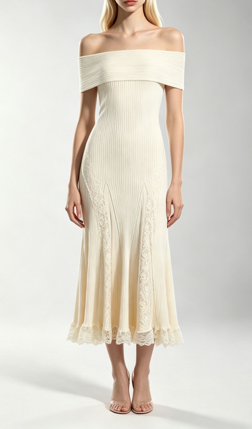 Fashionslee Women Kie Apricot Off-Shoulder Lace Knit Midi Dress
