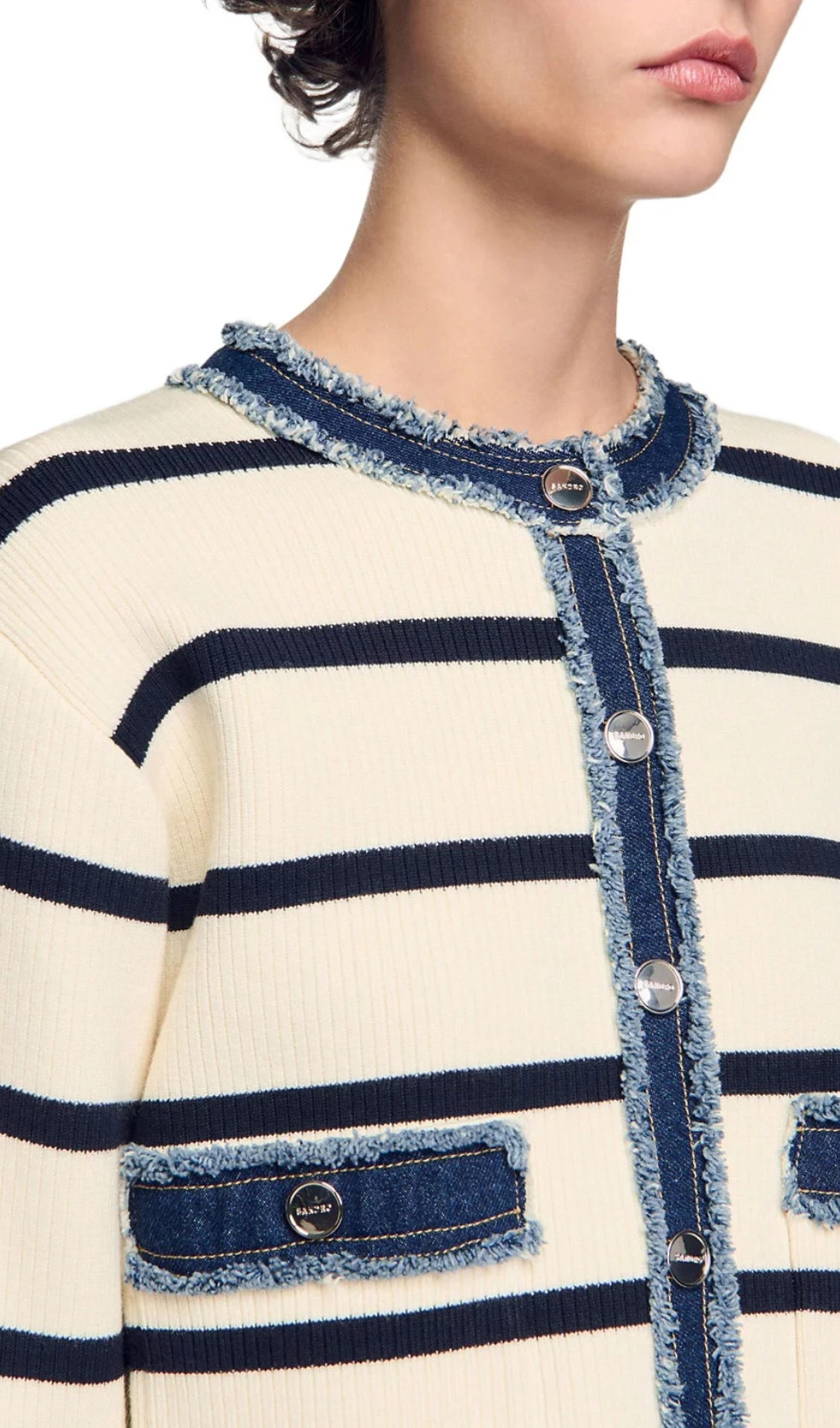Fashionslee Women Striped Cardigan With Denim Detail