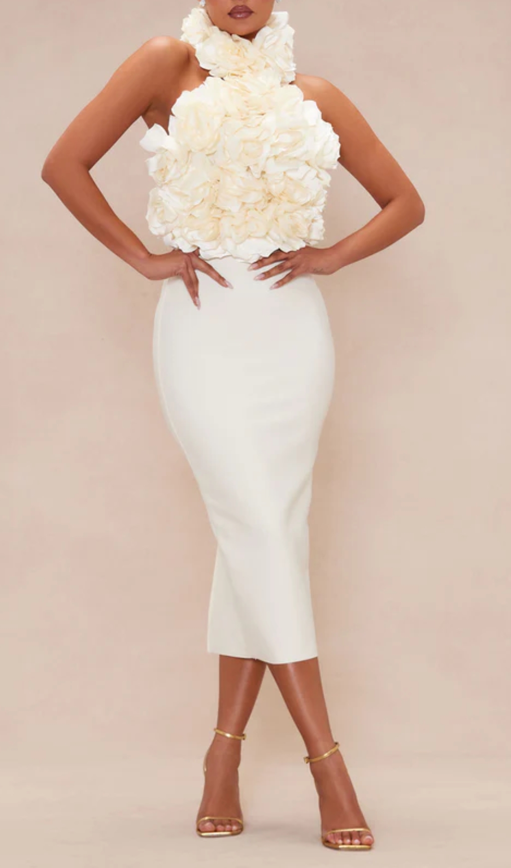 Fashionslee Women Halter Floral Midi Dress White