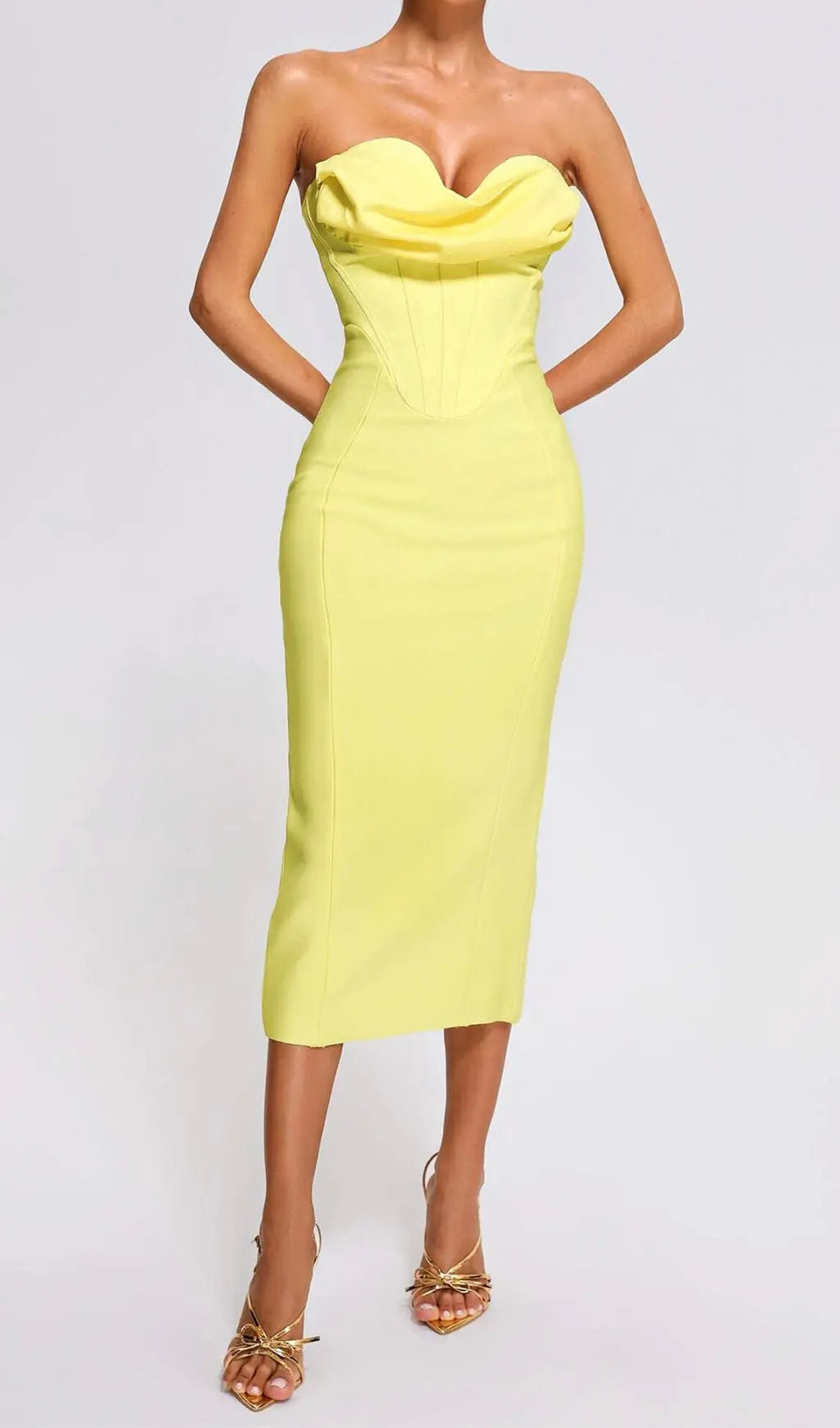 Fashionslee Women Yellow Strapless Bandage Midi Dress