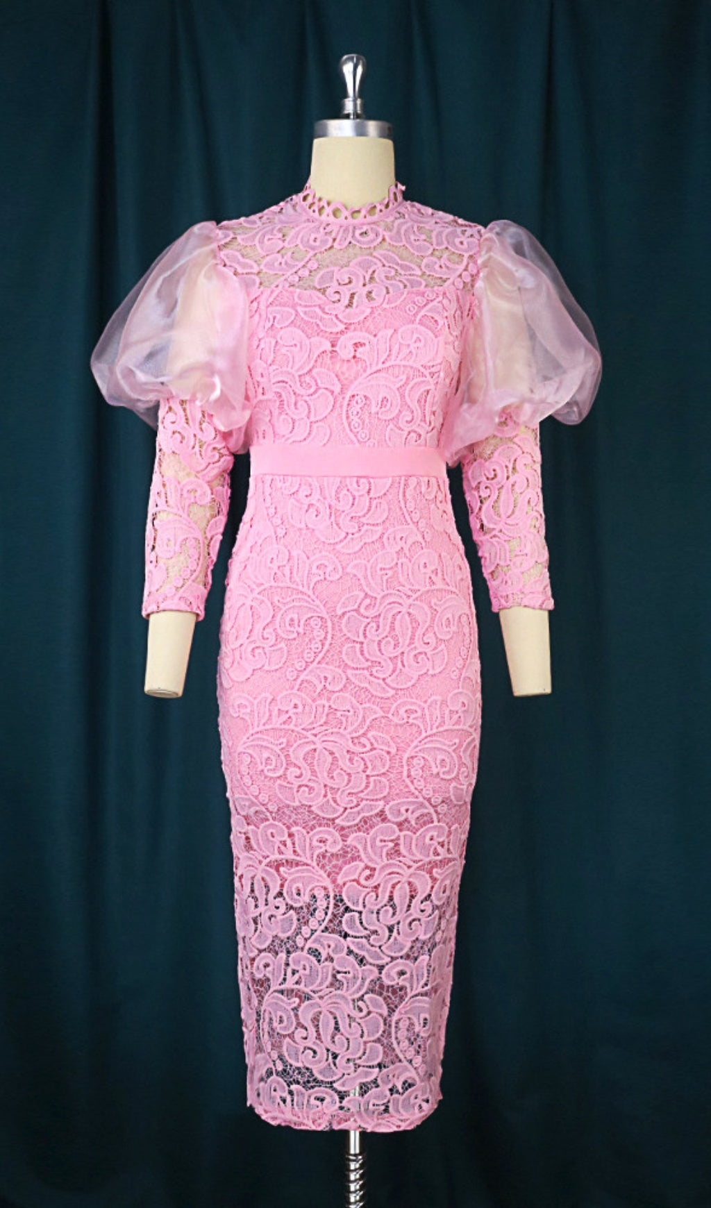 Fashionslee Women Aithne Pink Puff Sleeve Lace Midi Dress