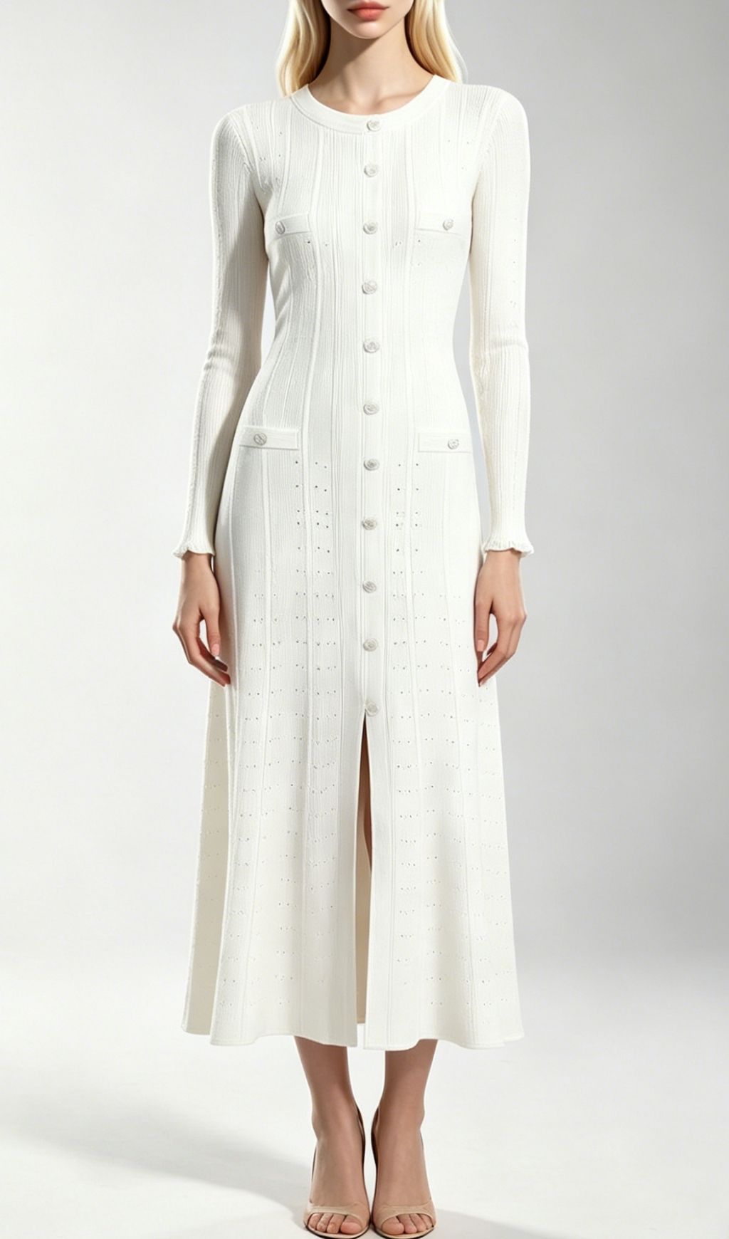 Fashionslee Women Kilenya White Knit Long Sleeve Midi Dress