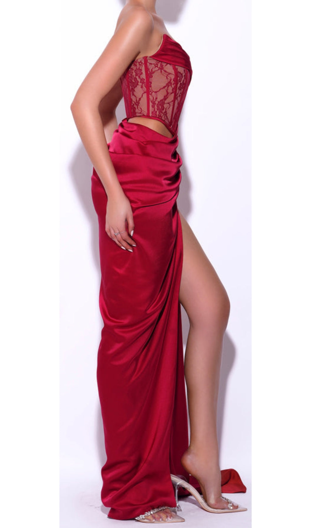 Fashionslee Women Corset Satin Pleated Maxi Dress In Red
