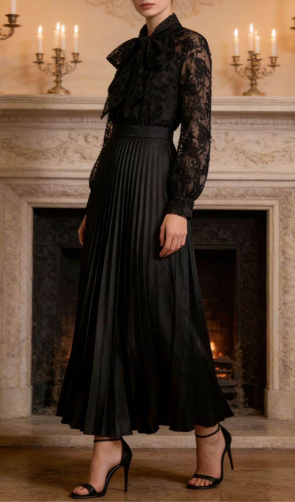 Fashionslee Women Kandy Black Long Sleeve Lace Pleated Midi Dress