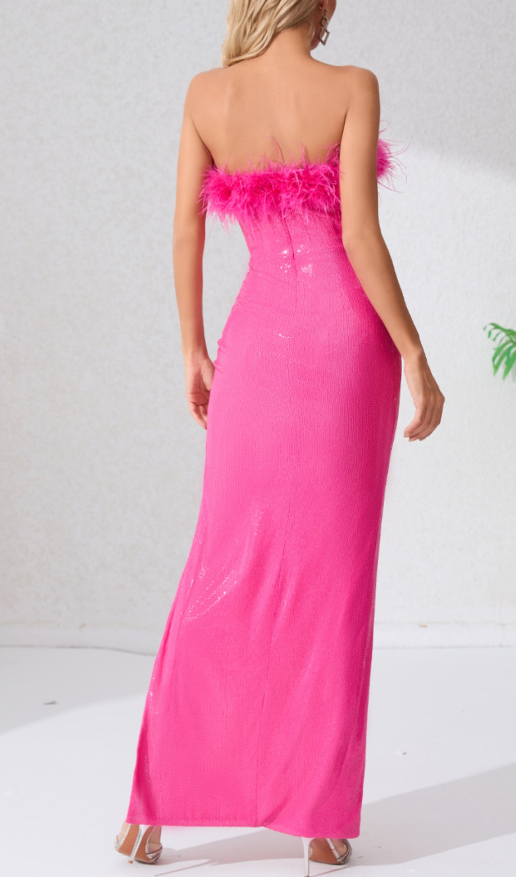 Fashionslee Women Pink Feather Sequin Maxi Dress