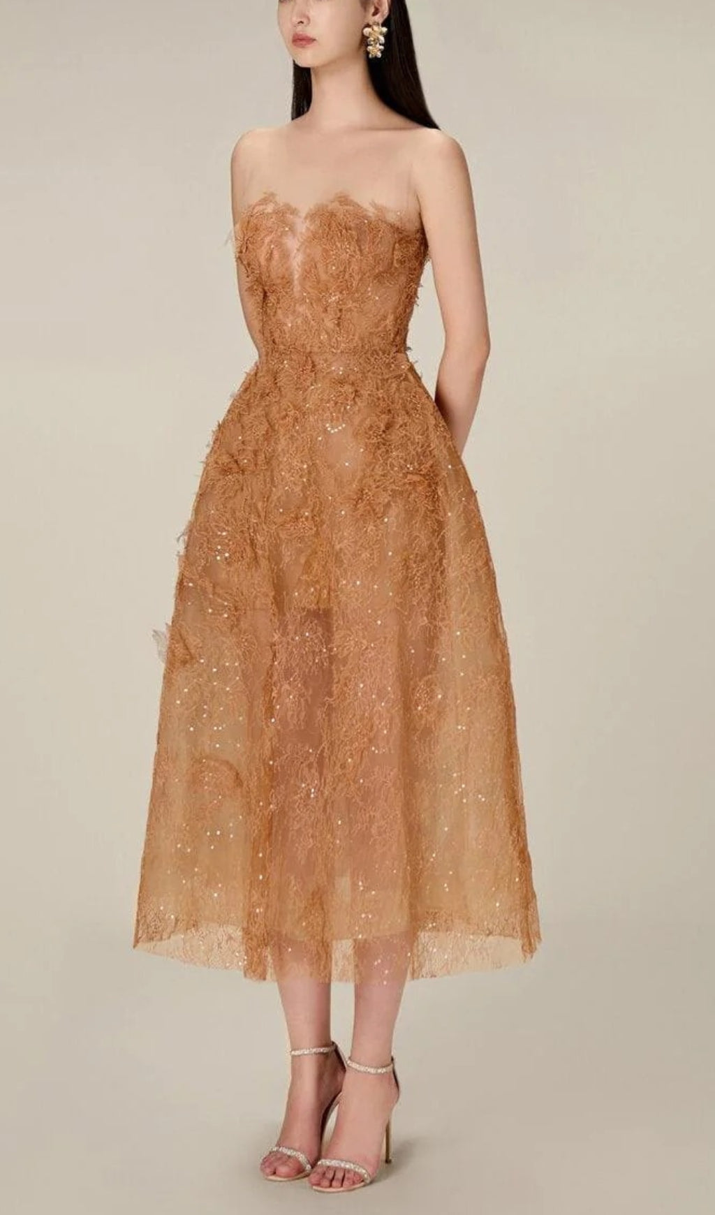 Fashionslee Women Allyson Caramel Floral Lace Embroider Midi Dress