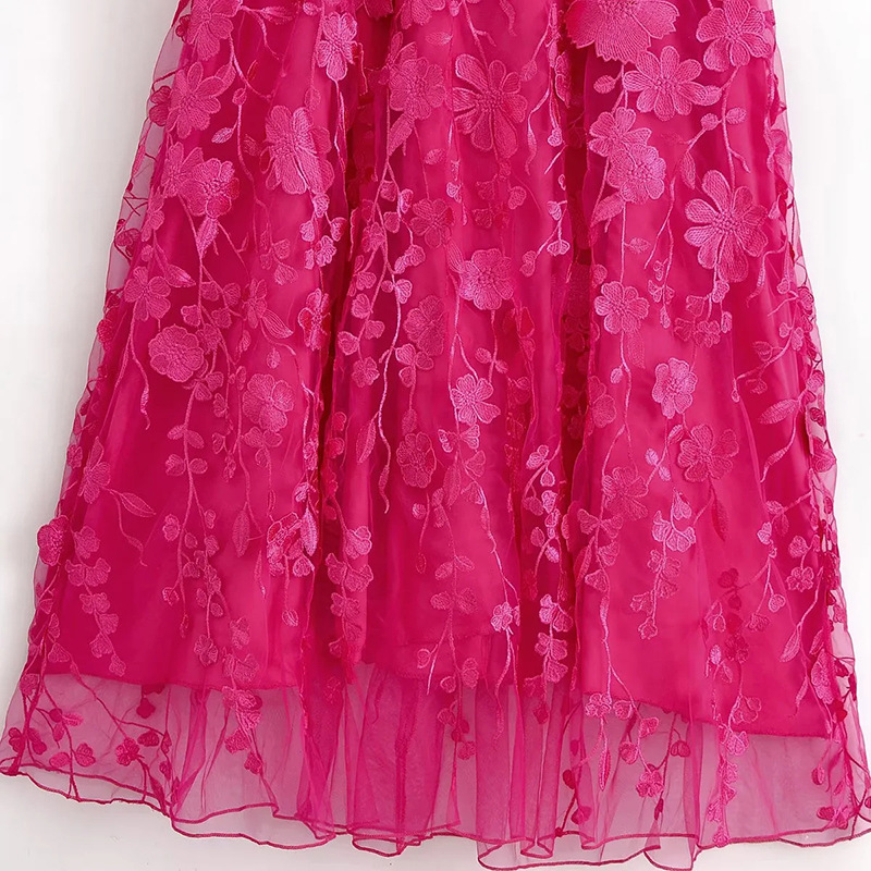 Fashionslee Women Ilka Pink Flower Embroidery Midi Dress