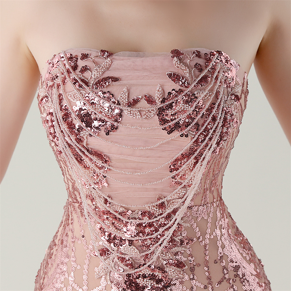 Fashionslee Women Ikuye Pink Strapless Sequin Mesh Maxi Dress