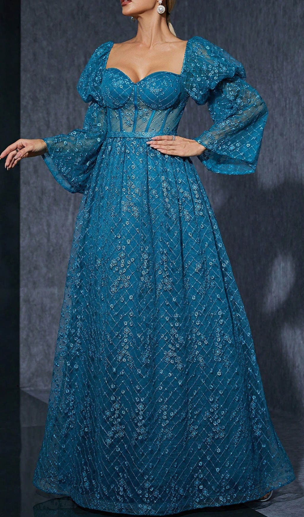 Fashionslee Women Dita Blue Corset Floral Embroidery Maxi Dress
