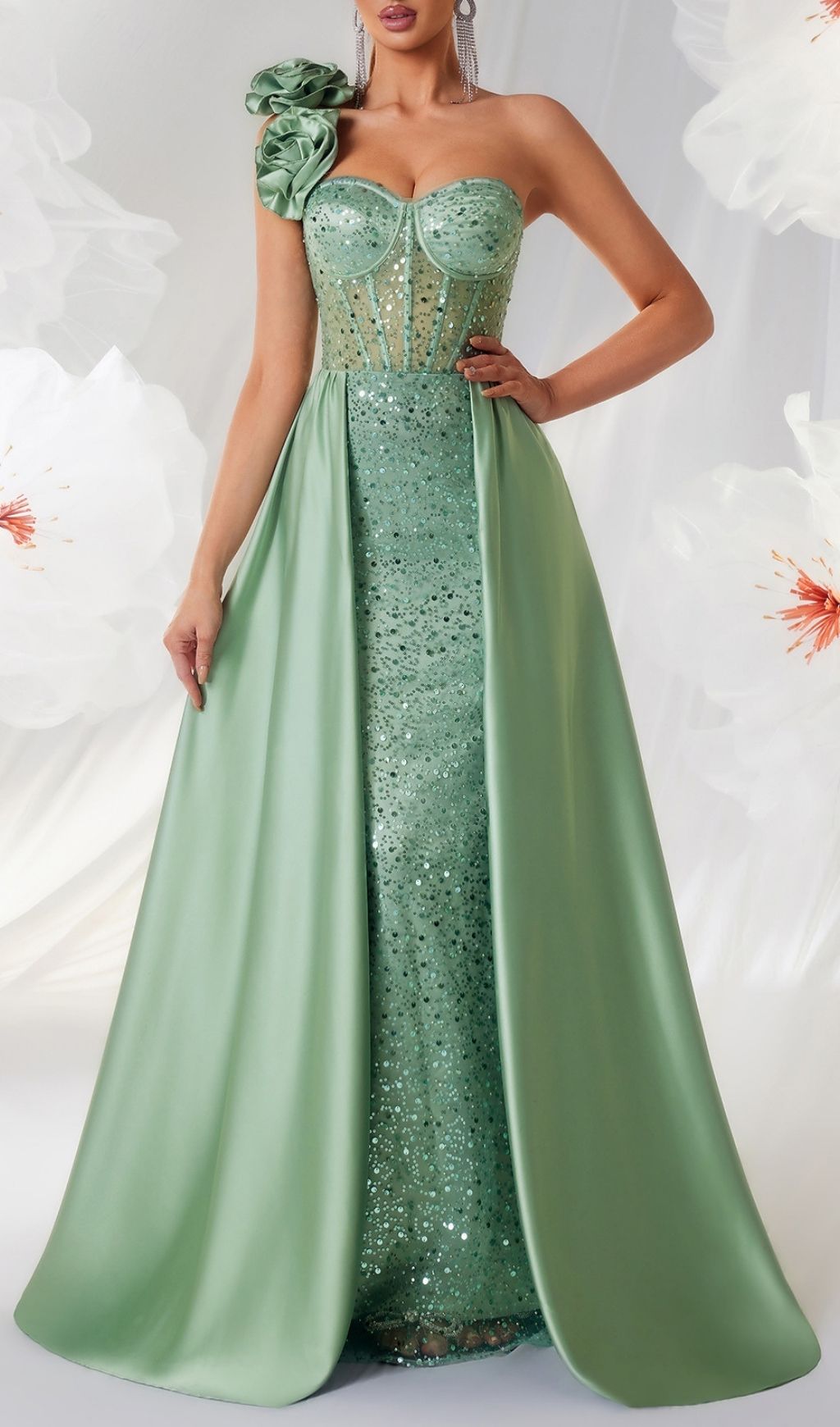 Fashionslee Women Kendi Green Corset Sequin Maxi Dress