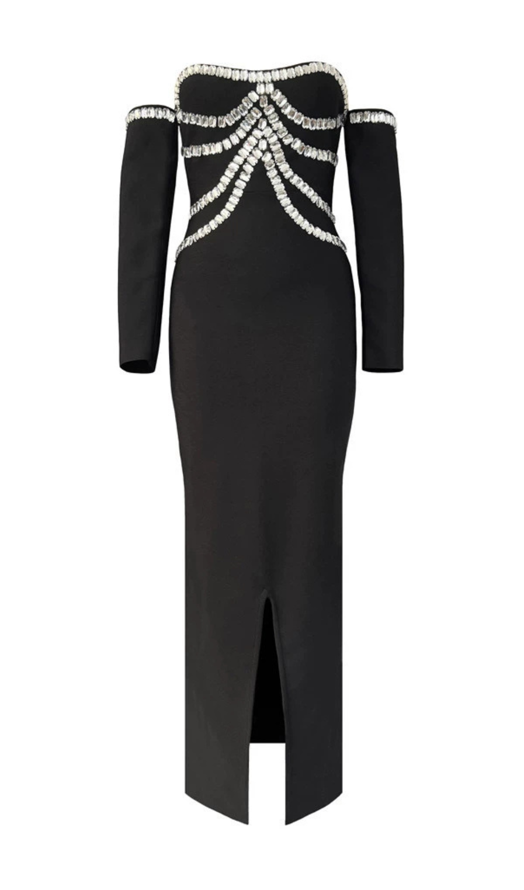 Fashionslee Women Gandhi Black Rhinestone Off-Shoulder Maxi Dress