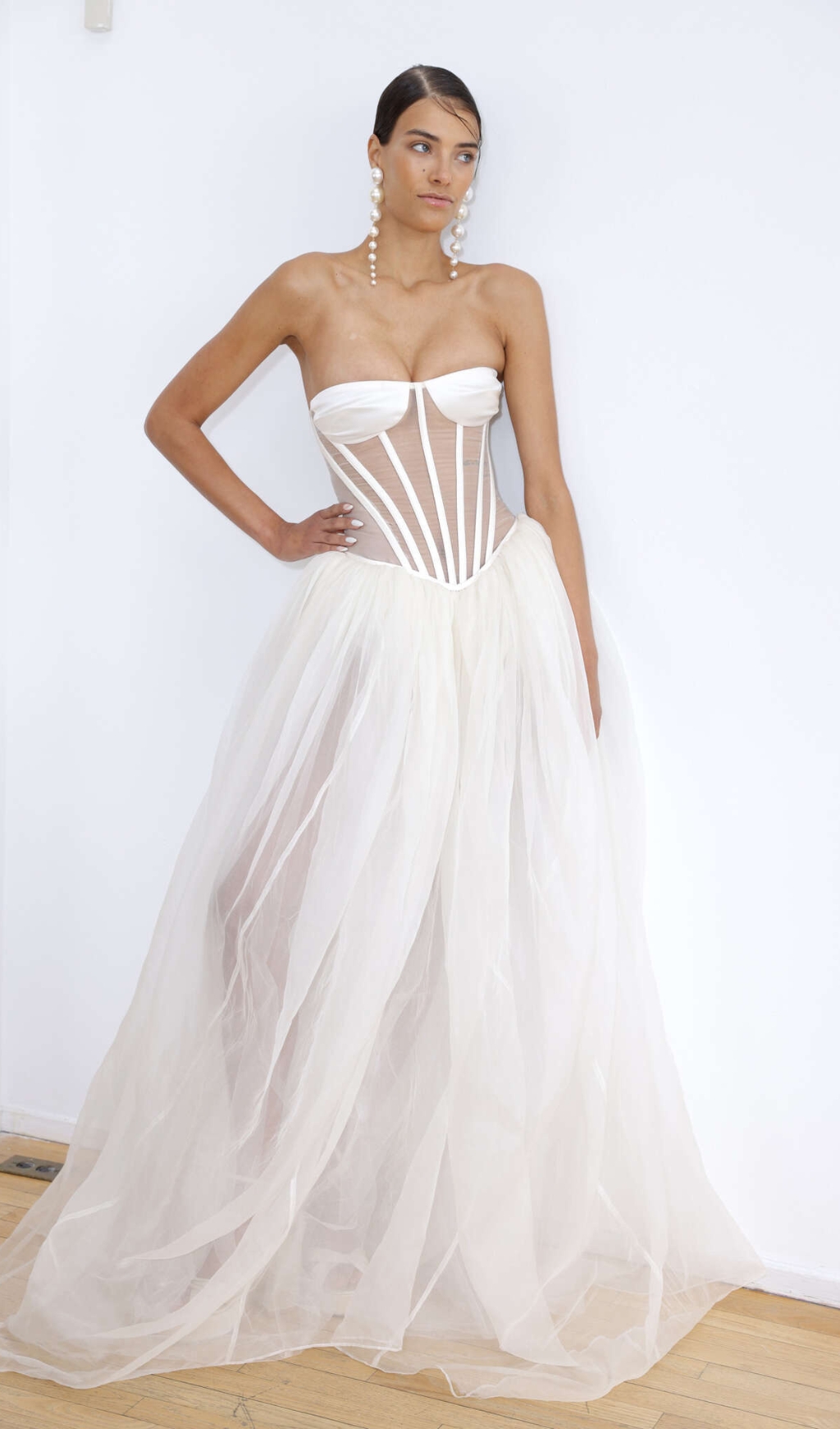 Fashionslee Women Baya White Strapless Corset Mesh Maxi Dress