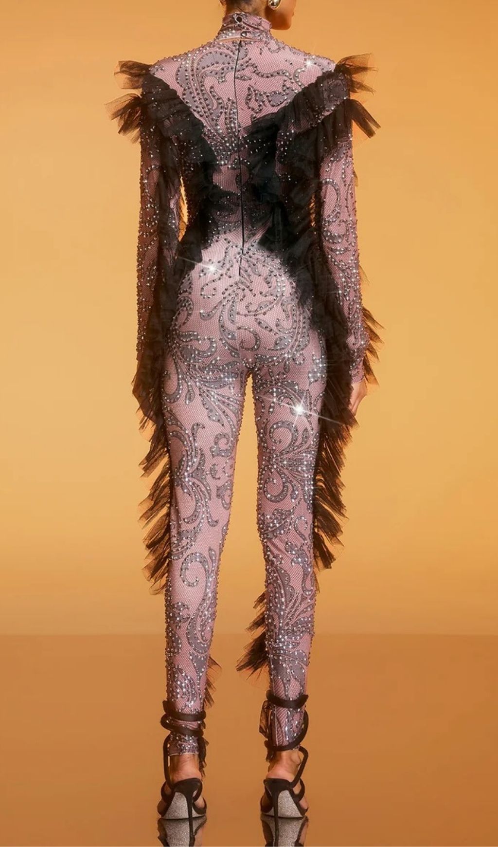 Fashionslee Women Dilys Tulle Trimmed Rhinestone Jumpsuit