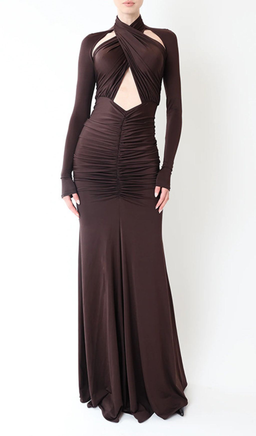 Fashionslee Women Inaya Coffee Long Sleeve Ruched Maxi Dress