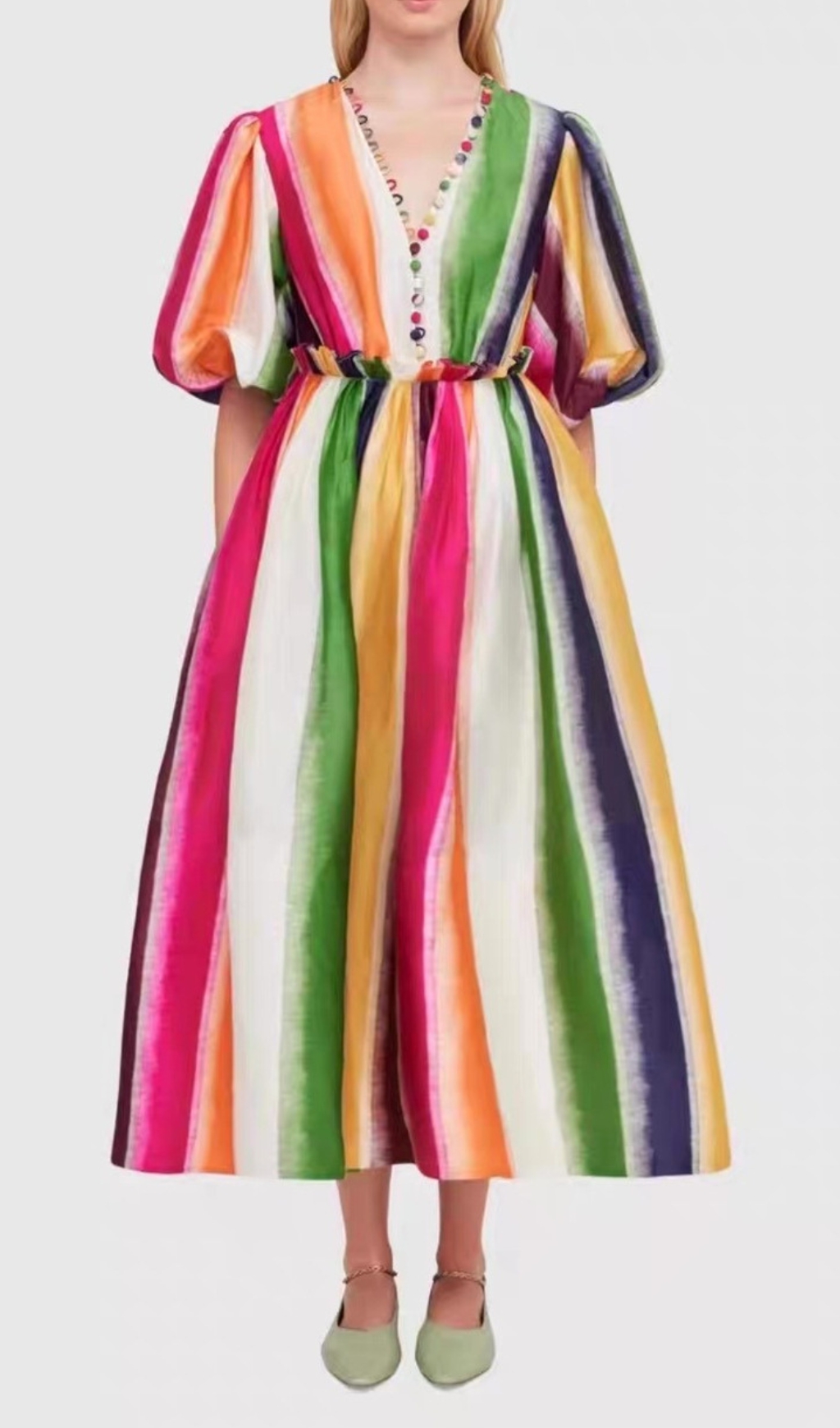 Fashionslee Women Erix Colorful Puff-Sleeve Midi Dress