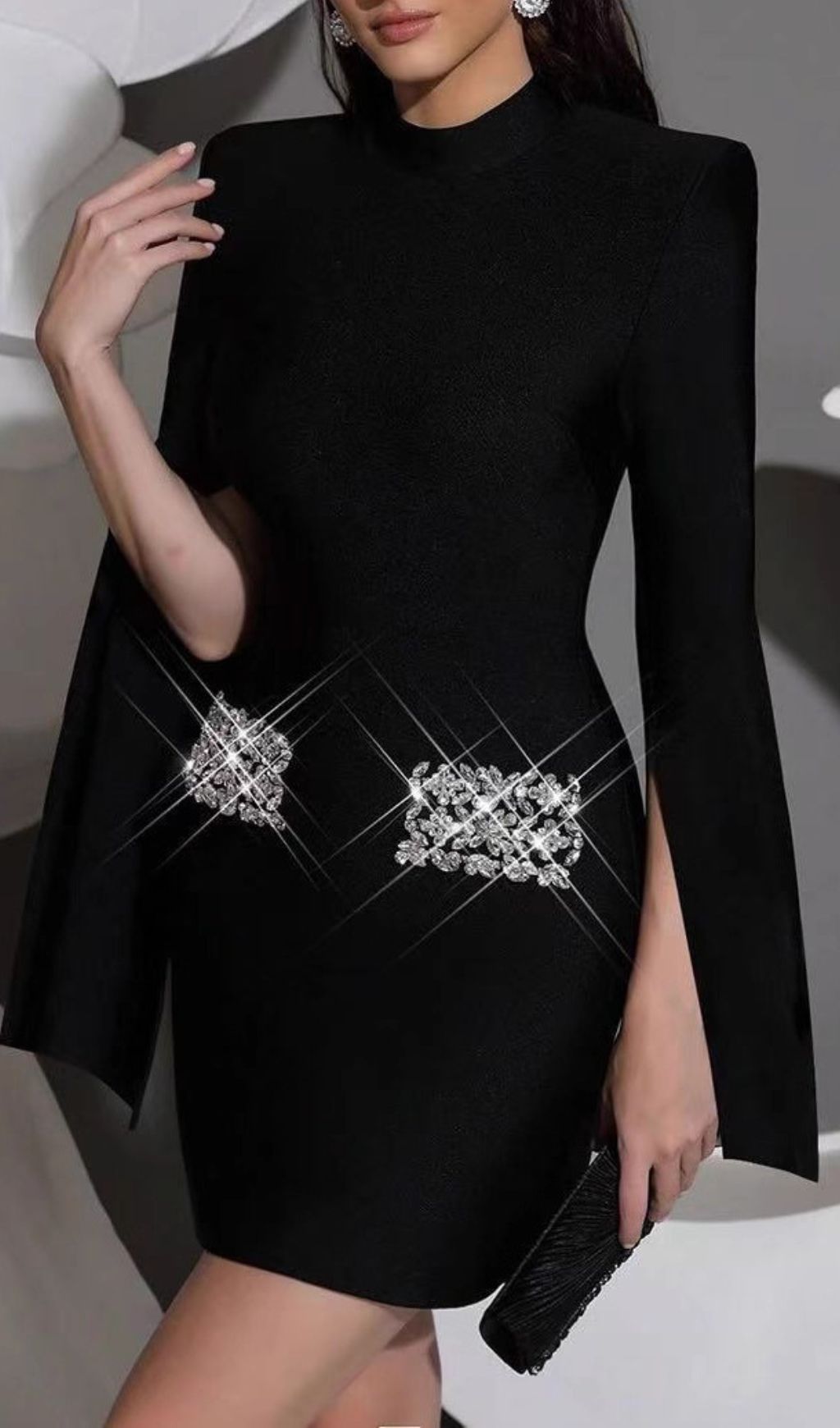 Fashionslee Women Irida Black Diamante Long Sleeve Mini Dress
