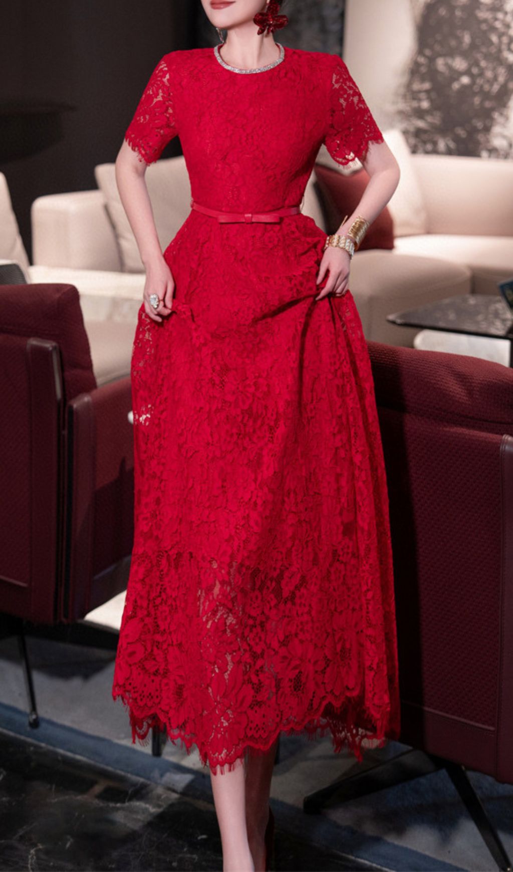 TRENDING RED LACE MIDI DRESS - OWNCI TRENDING RED LACE MIDI DRESS - OWNCI