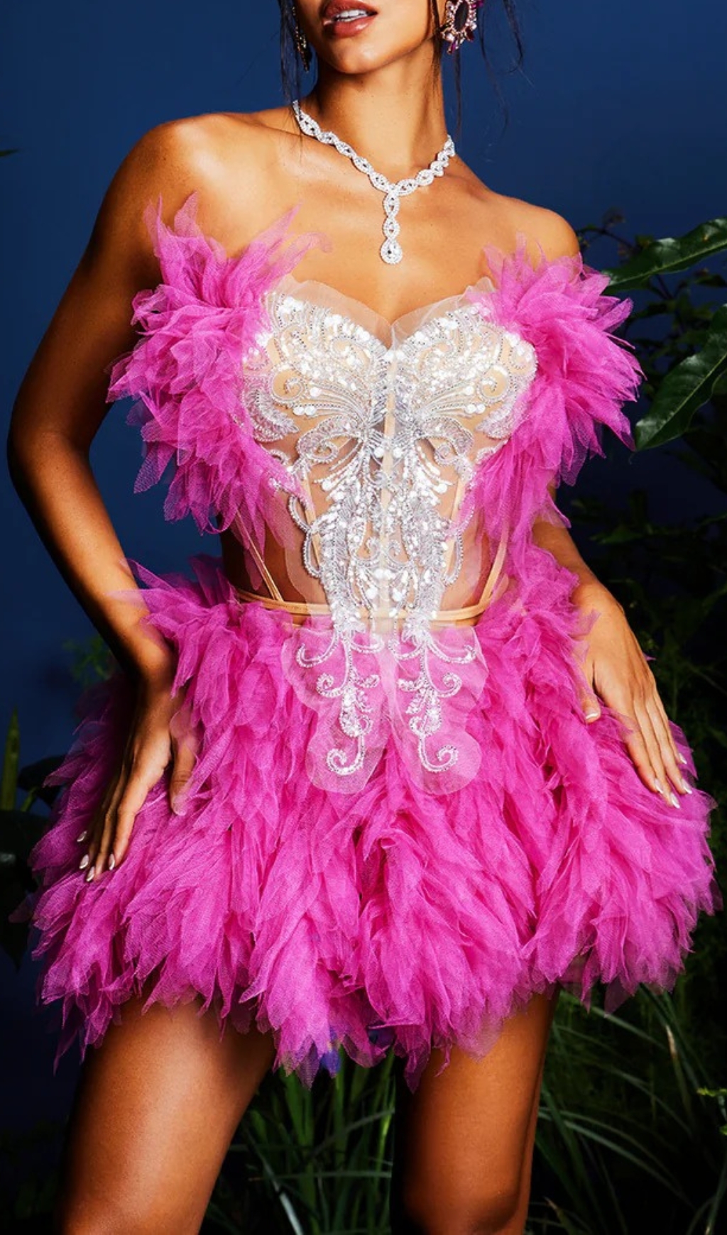 Fashionslee Women Jolleen Strapless Embellished Tulle Skirt Set In Hot Pink